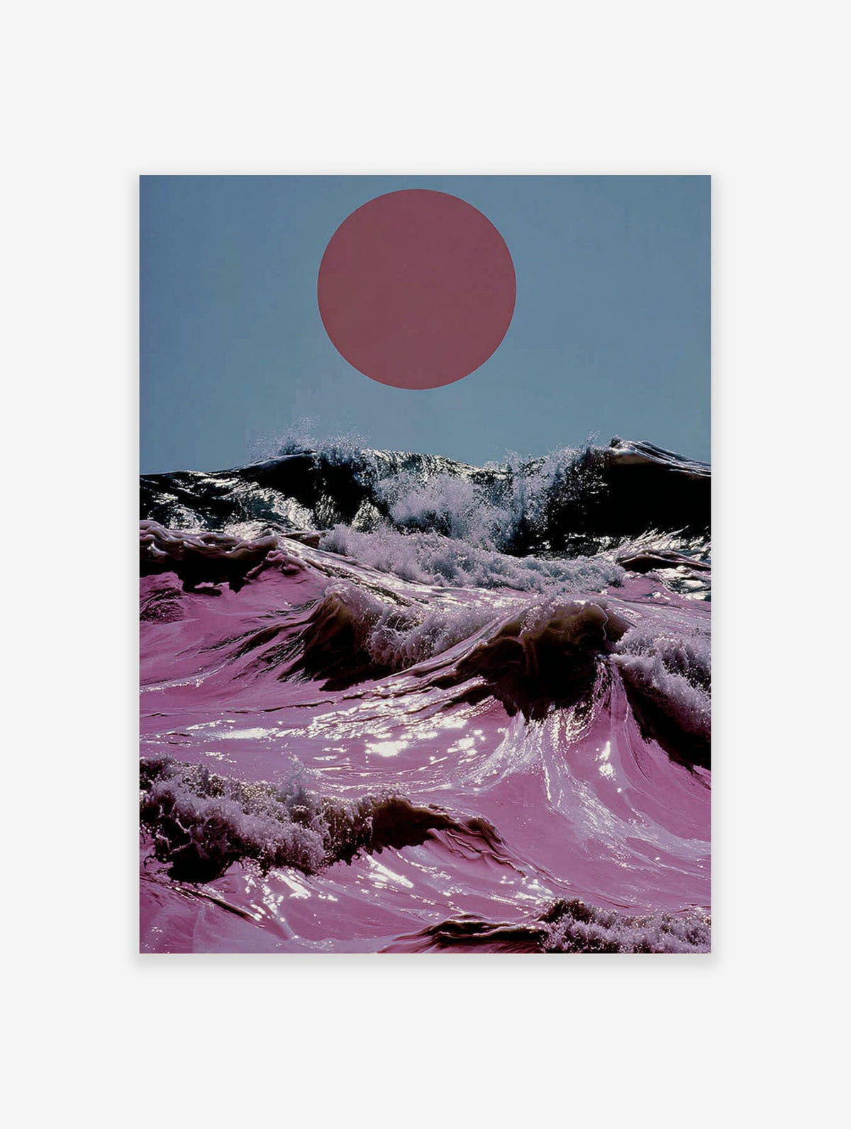 Surreal pink ocean waves with white foam crashing under a large red circle in a light blue sky