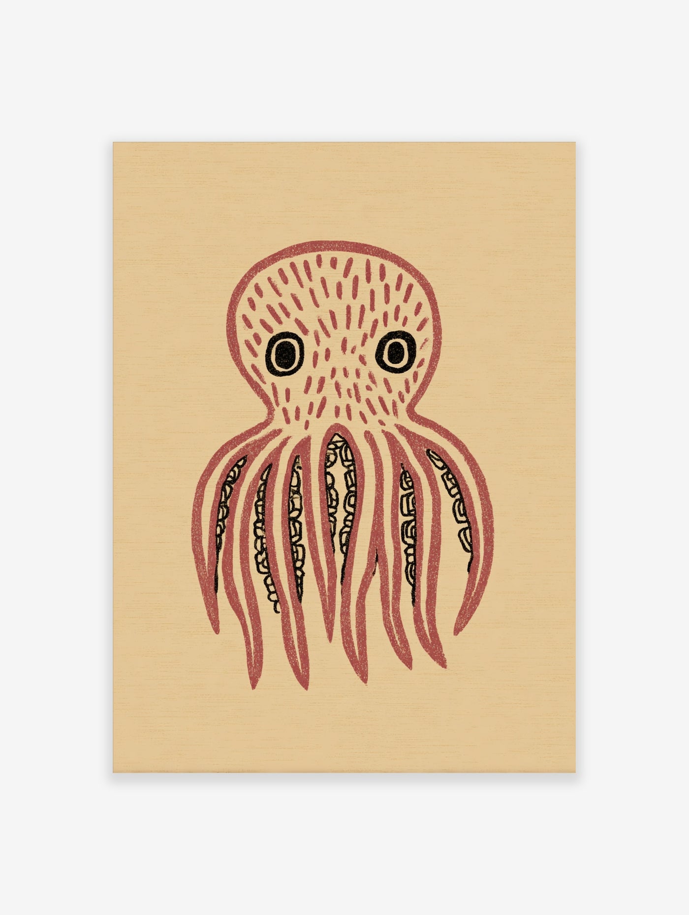 Pink octopus illustration with dashed head and patterned tentacles on beige background