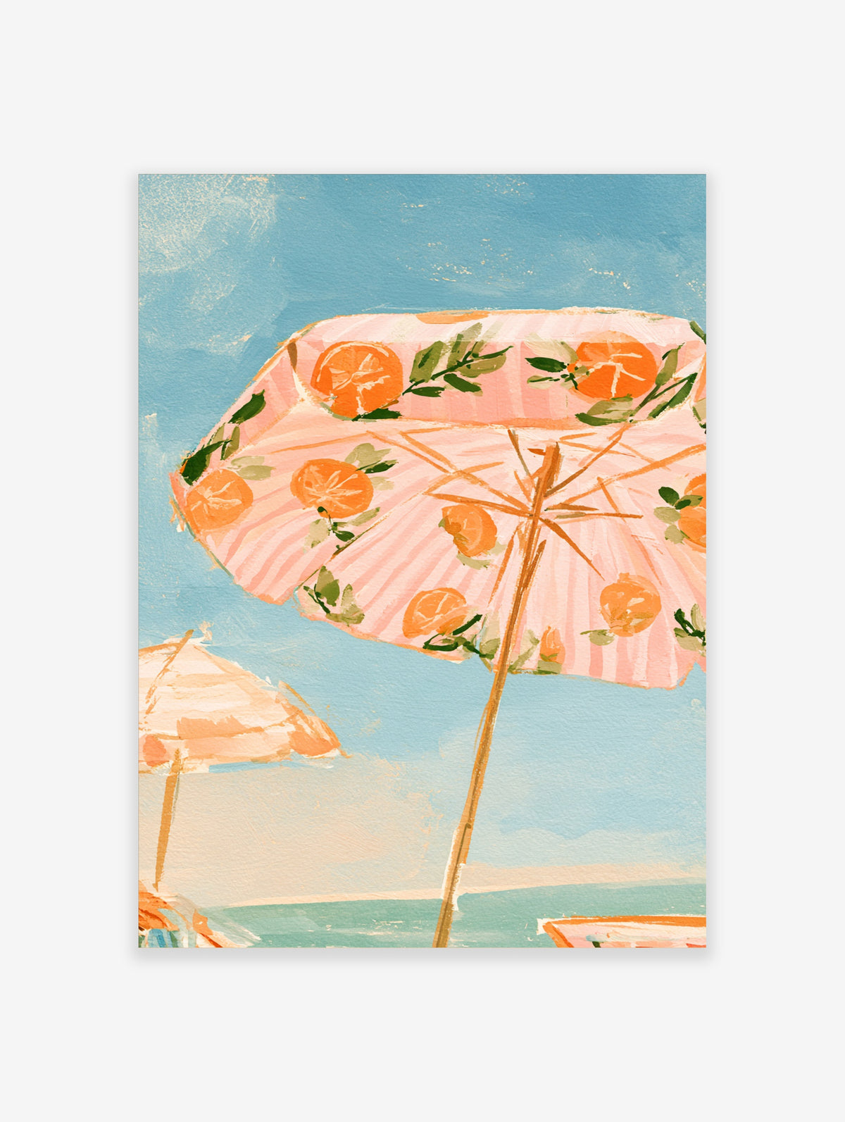 Pink and orange striped beach umbrella with painted citrus fruit and green leaves against a blue sky