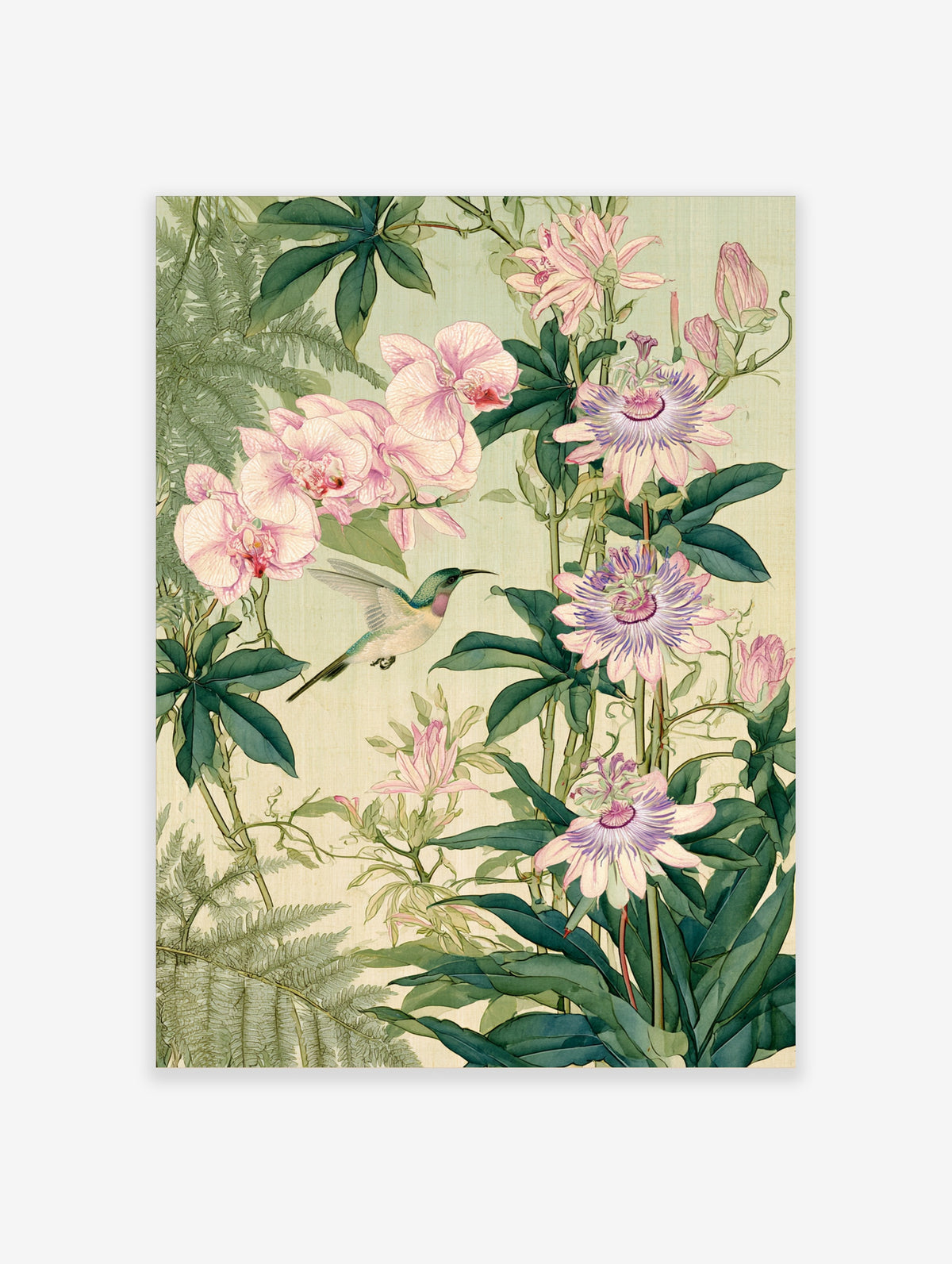 Pink orchid and passionflower botanical art print with hovering hummingbird and green leaves