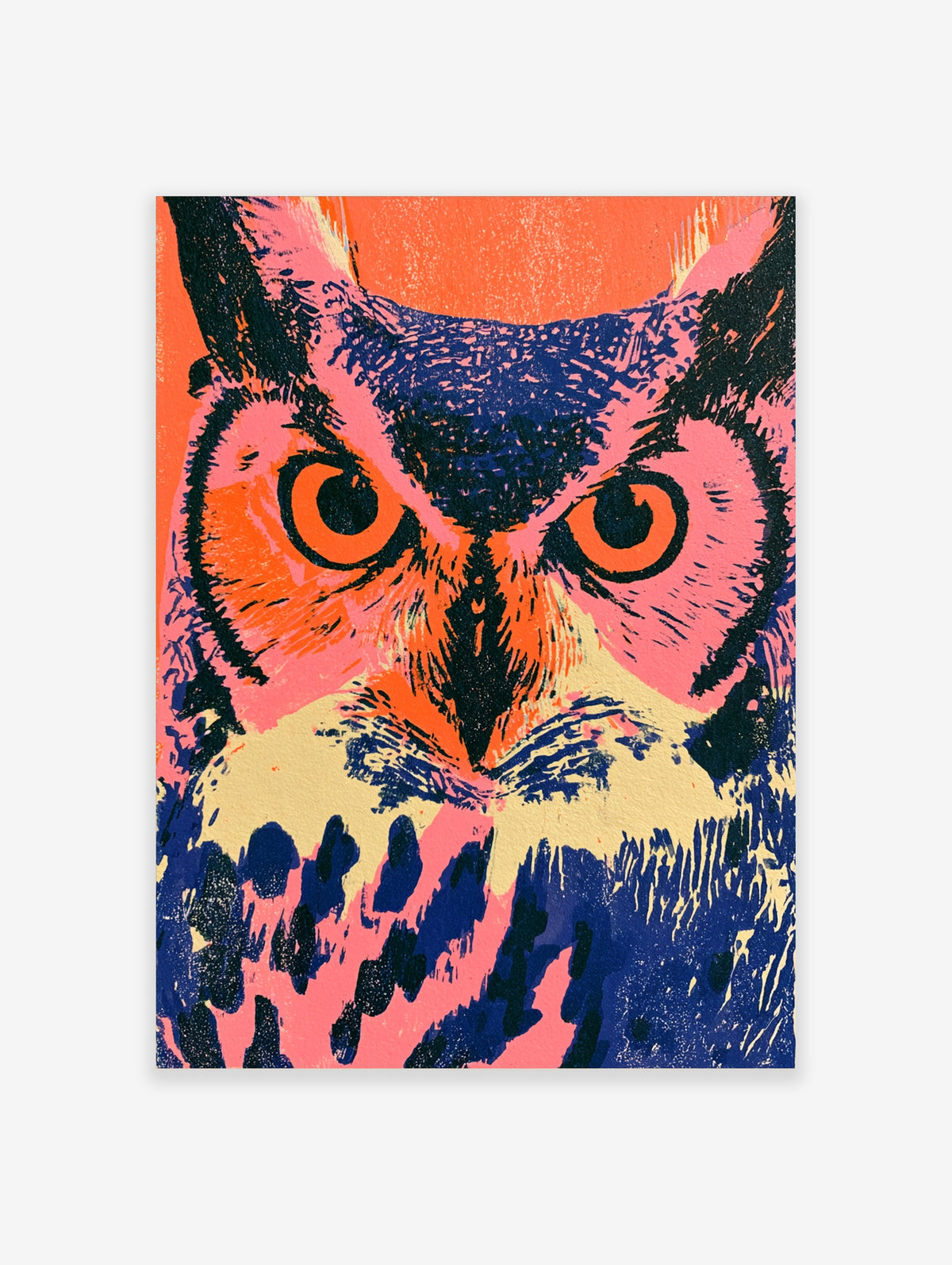 Pink owl art print with navy feather texture, orange eyes, and coral background