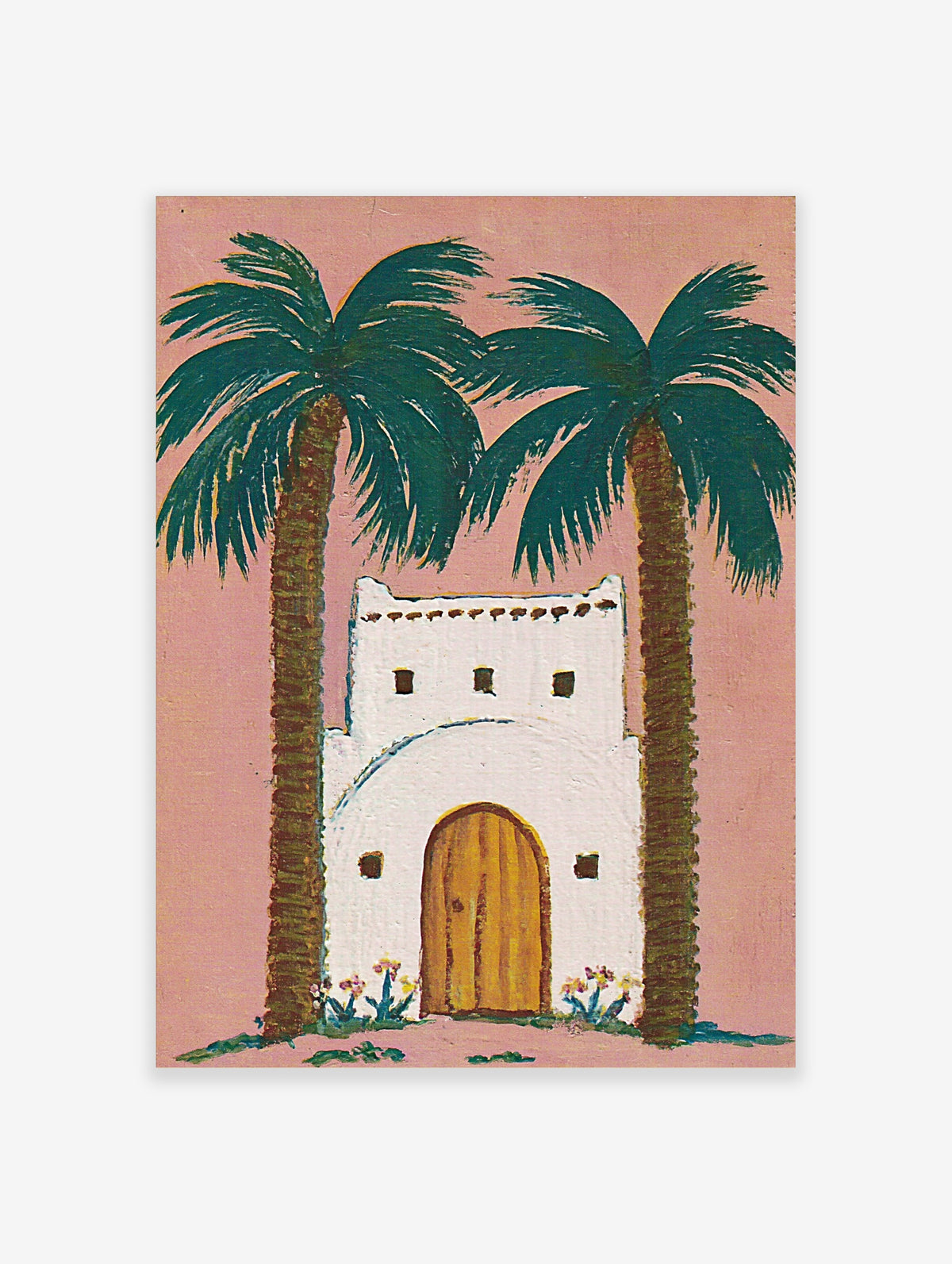 Pink tropical poster with two palm trees framing a white building and yellow arched door