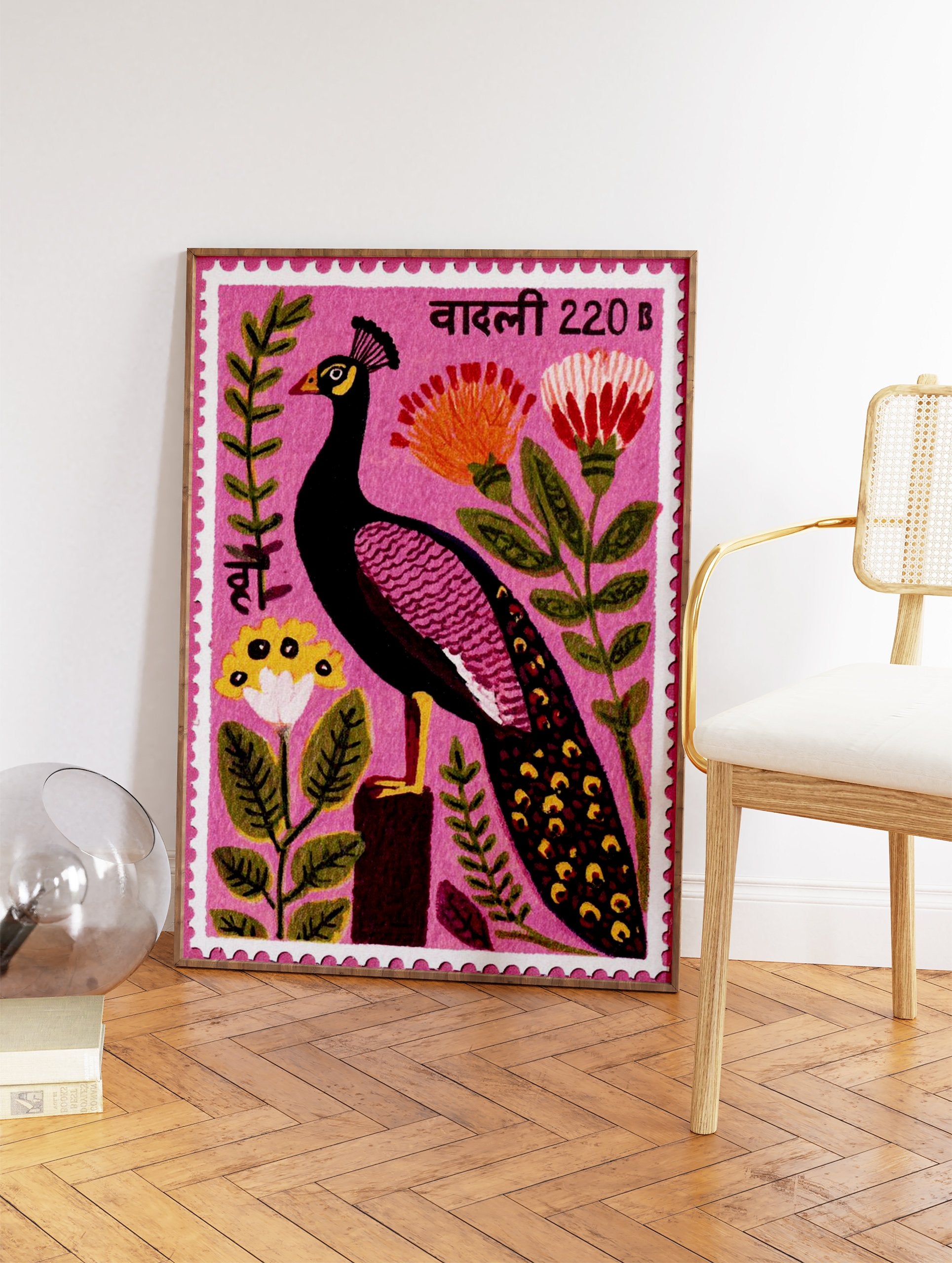 Pink peacock stamp illustration with flowers and green leaves, Indian-inspired botanical wall art print. - Image 2