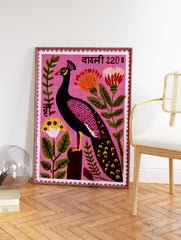 Pink peacock stamp illustration with flowers and green leaves, Indian-inspired botanical wall art print. - Image 2