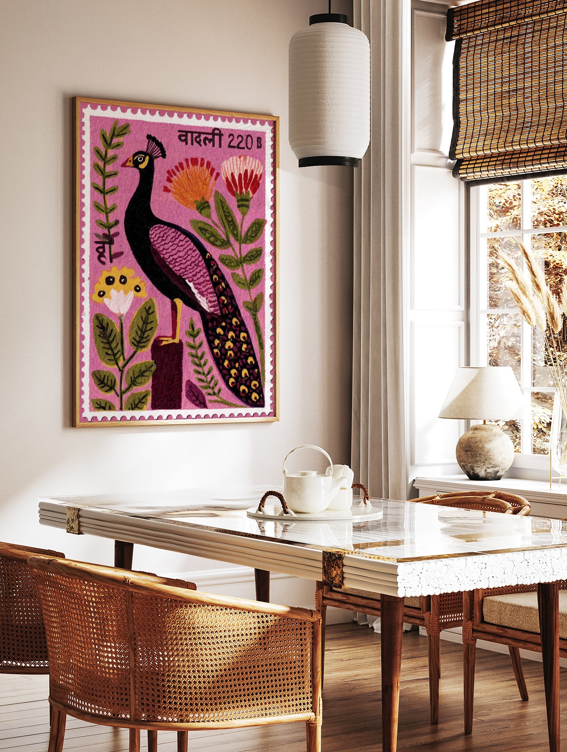 Pink peacock stamp illustration with flowers and green leaves, Indian-inspired botanical wall art print. - Image 3