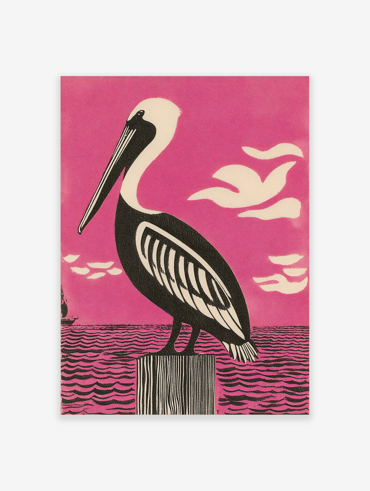 Pink pelican poster with black and cream bird on striped post above wavy water and cream clouds