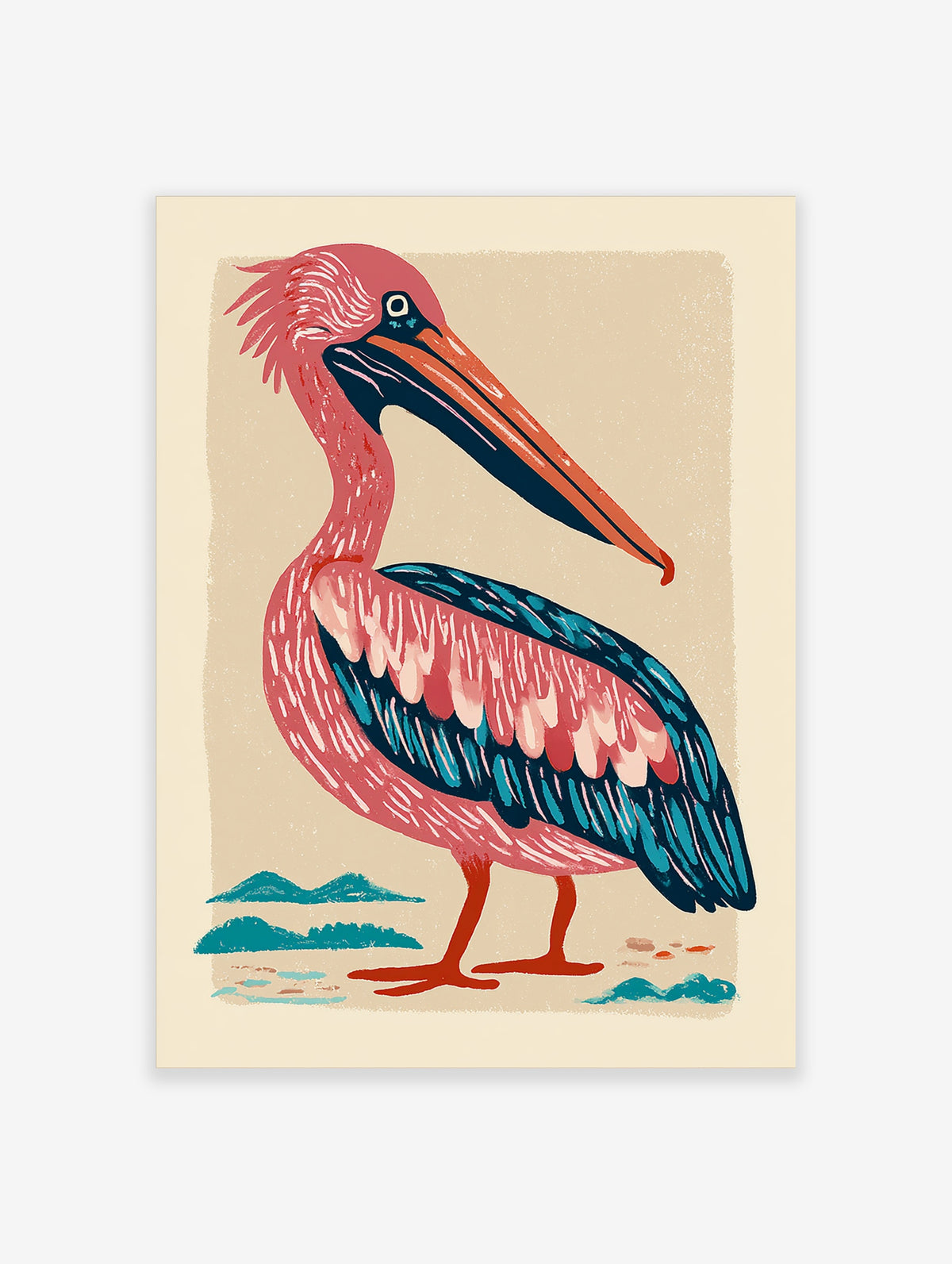 Pink pelican wall art with teal wings and orange beak on beige background, illustrated bird print