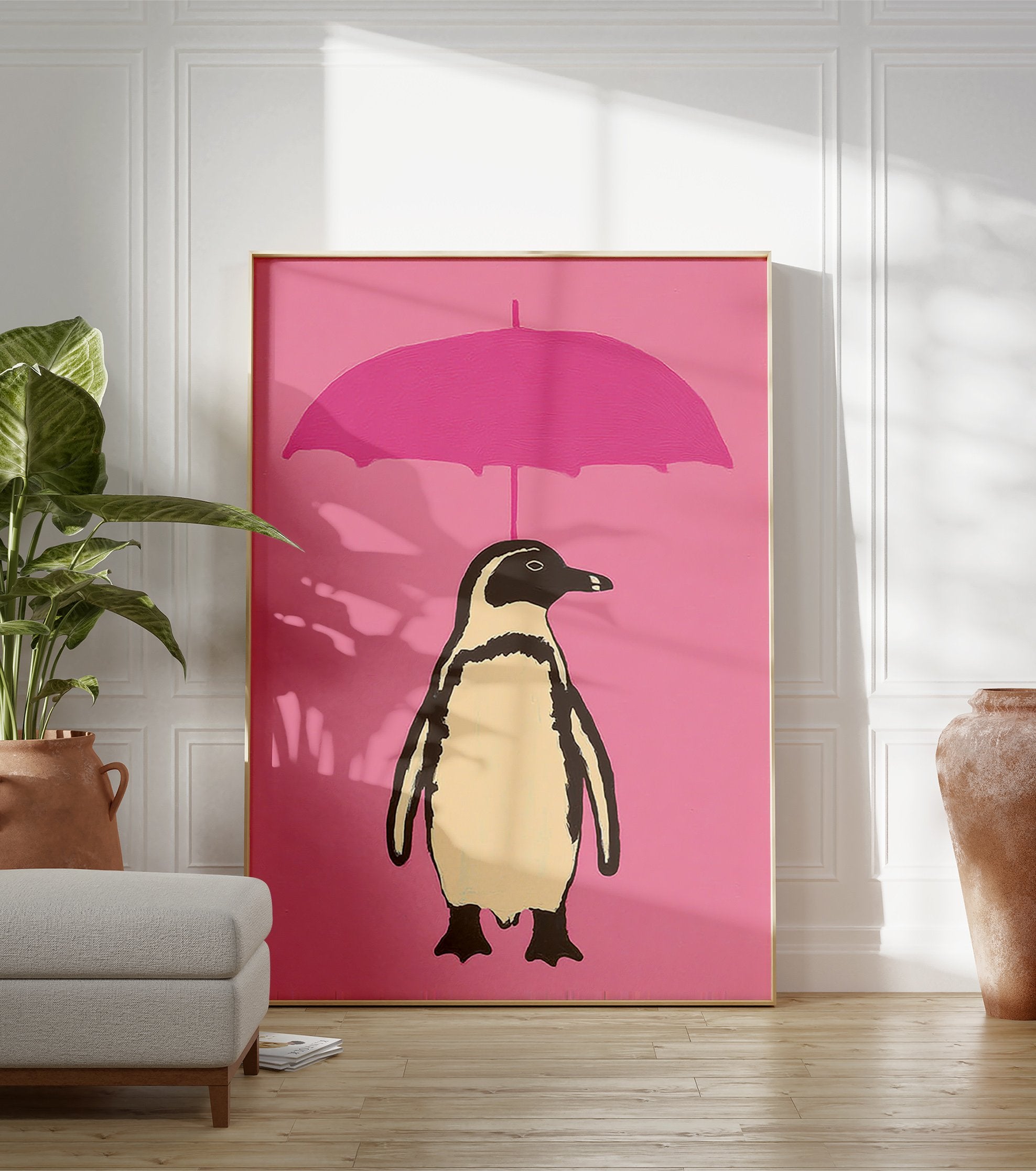 Illustrative art print of a black and white penguin with a beige belly holding a pink umbrella against a solid pink background. - Image 3
