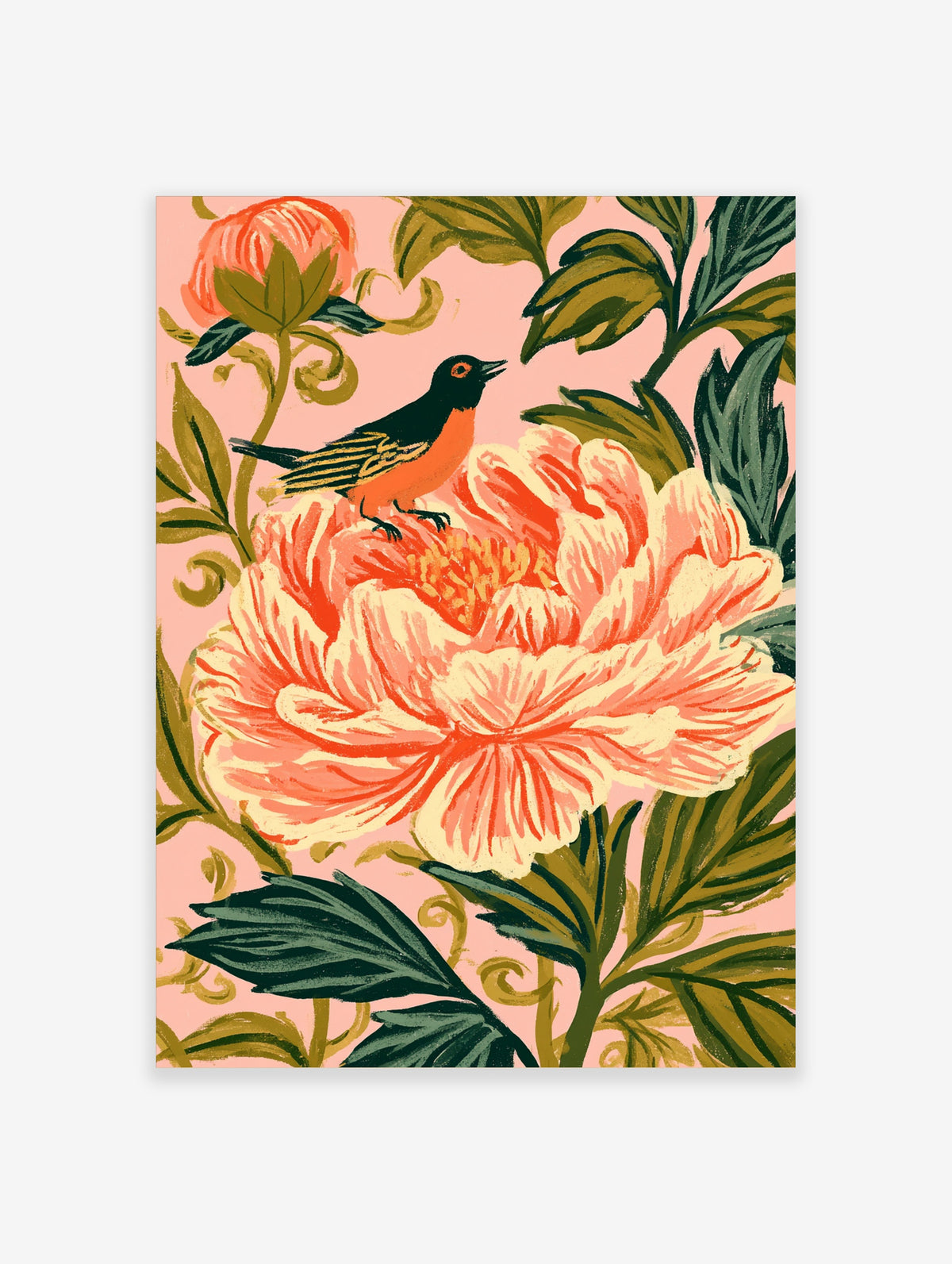 Pink peony flower with a black-headed bird perched on petals, dark green leaves on a pink background