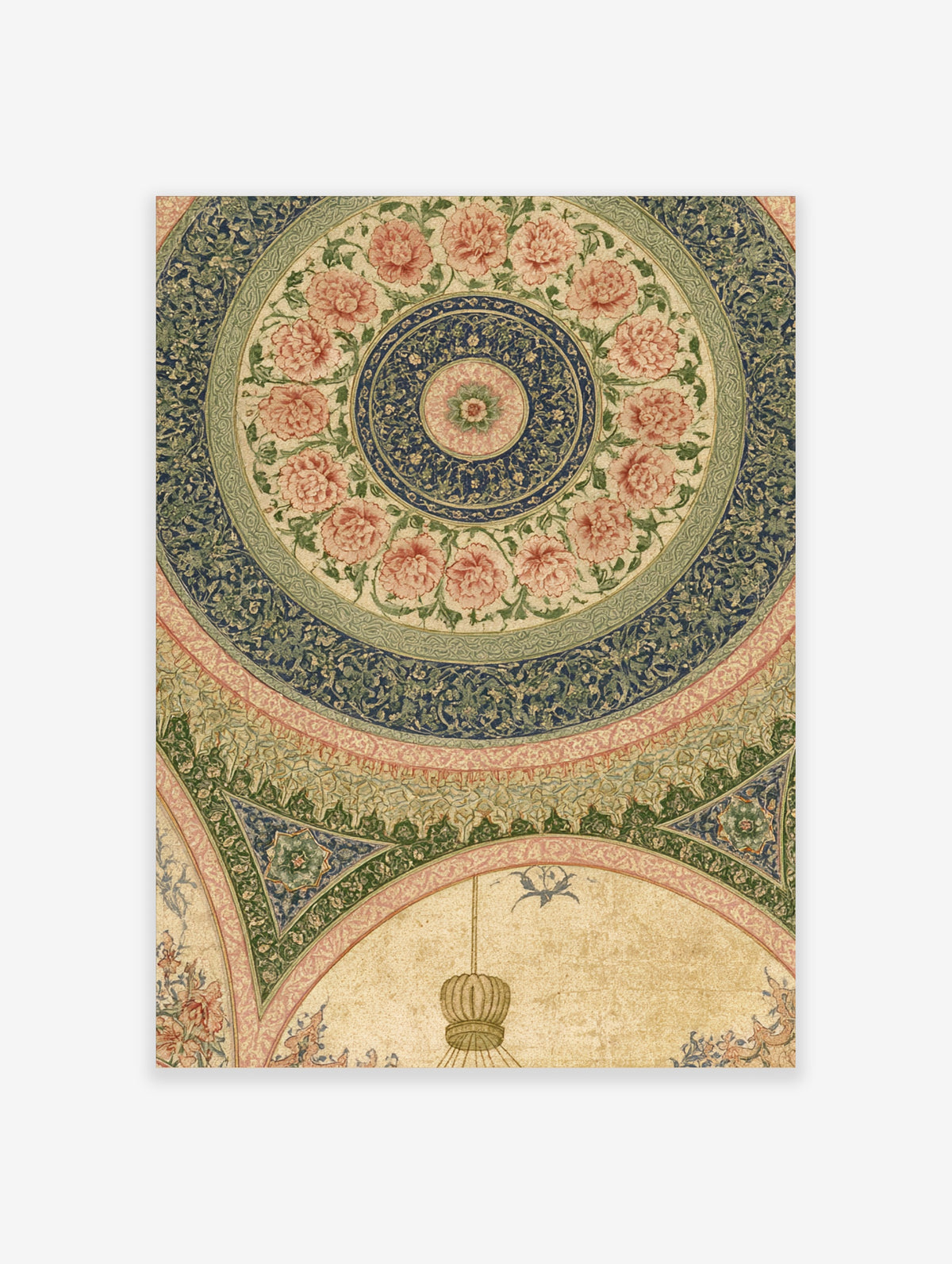 Ornate ceiling art print with pink peonies, blue border, and hanging lantern detail
