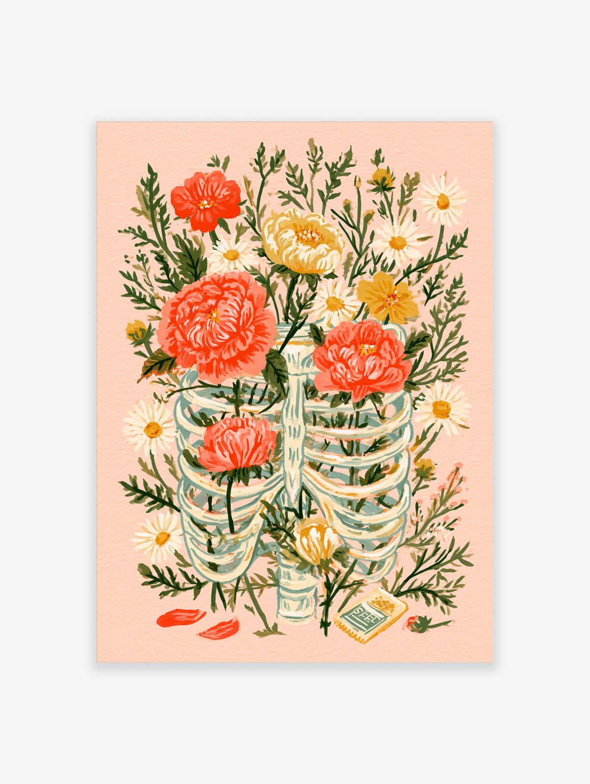 Pink peony flower poster with blue striped vase, white daisies, and yellow blooms on peach background