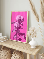 Pink peony botanical illustration with three large blooms on a hot pink background, in an alternate framed mockup