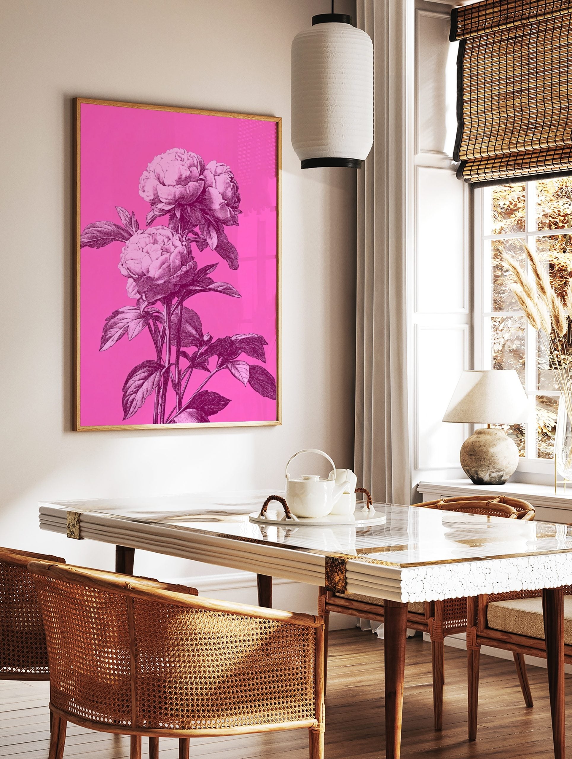 Pink peony botanical illustration with three large blooms on a hot pink background, in a styled room mockup