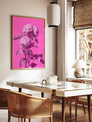 Pink peony botanical illustration with three large blooms on a hot pink background, in a styled room mockup
