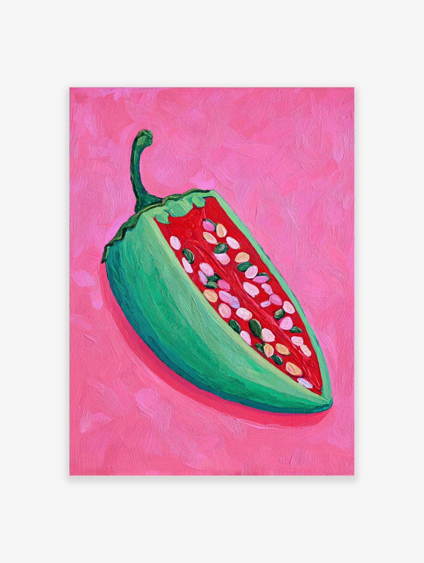 Pink pepper print with green chilli sliced open showing red interior and seeds on pink background