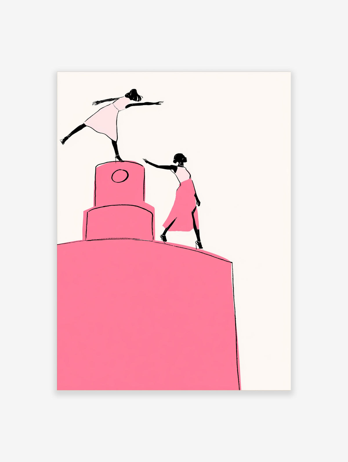 Pink perfume bottle poster with two black silhouettes balancing and reaching on a giant bottle