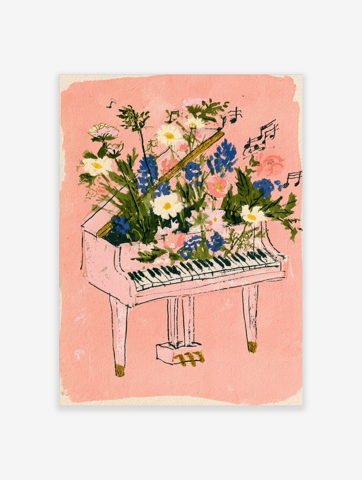 Pink piano poster with flowers and musical notes on pink background