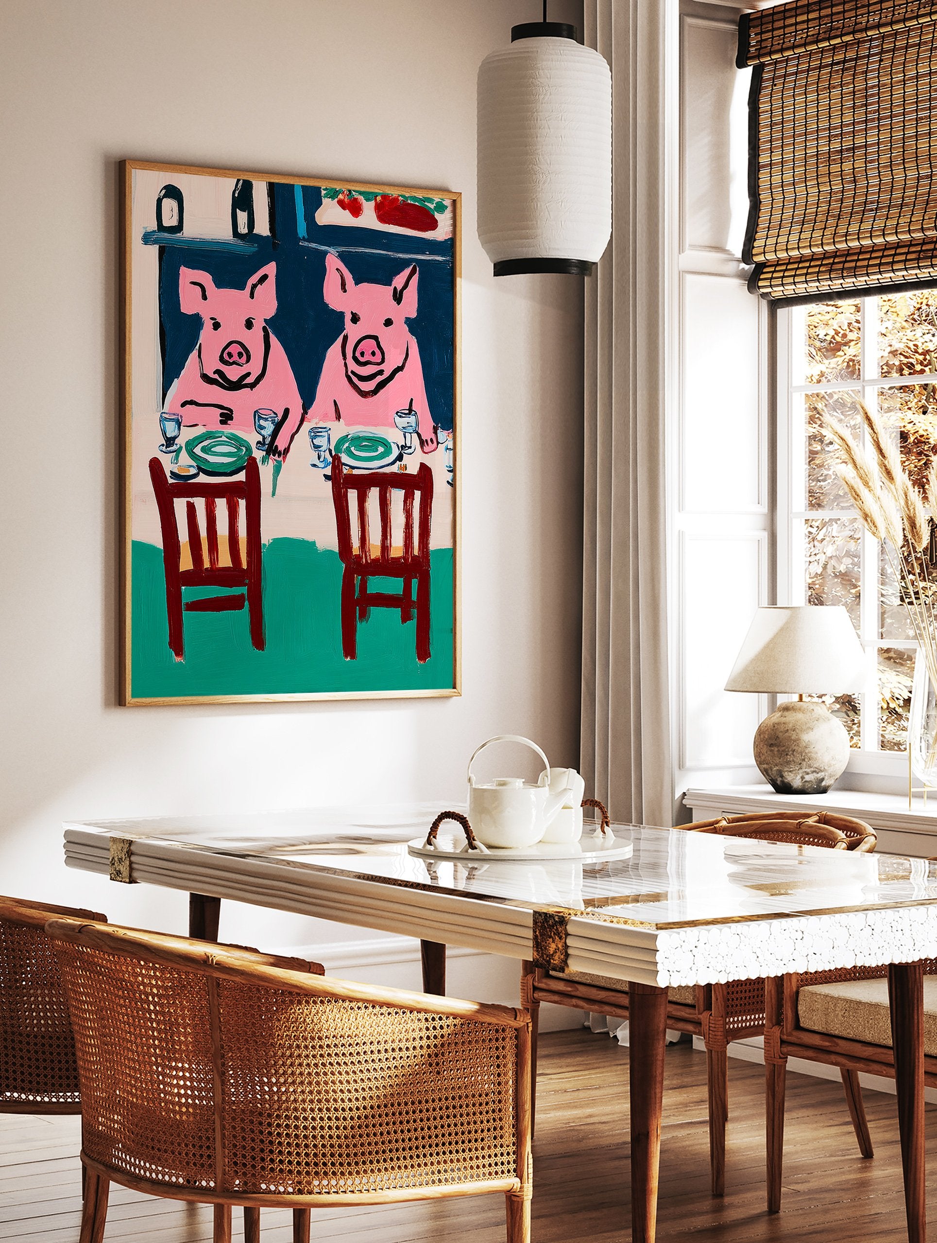 Illustrative pink pig wall art depicting two pigs seated at a dining table with plates and glasses in a modern style. - Image 2