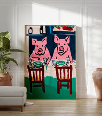 Illustrative pink pig wall art depicting two pigs seated at a dining table with plates and glasses in a modern style. - Image 3