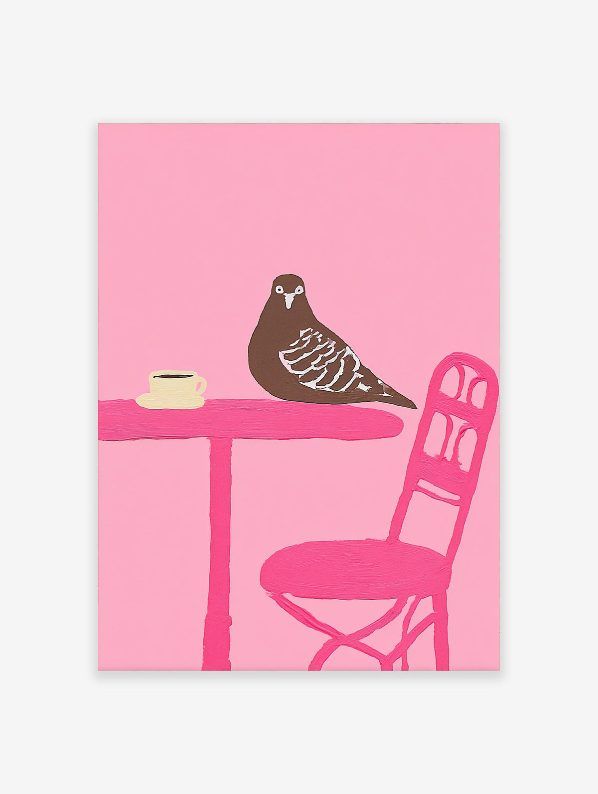 Illustration of a brown pigeon on a pink table with a coffee cup, set against a solid pink background.
