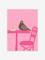 Illustration of a brown pigeon on a pink table with a coffee cup, set against a solid pink background.