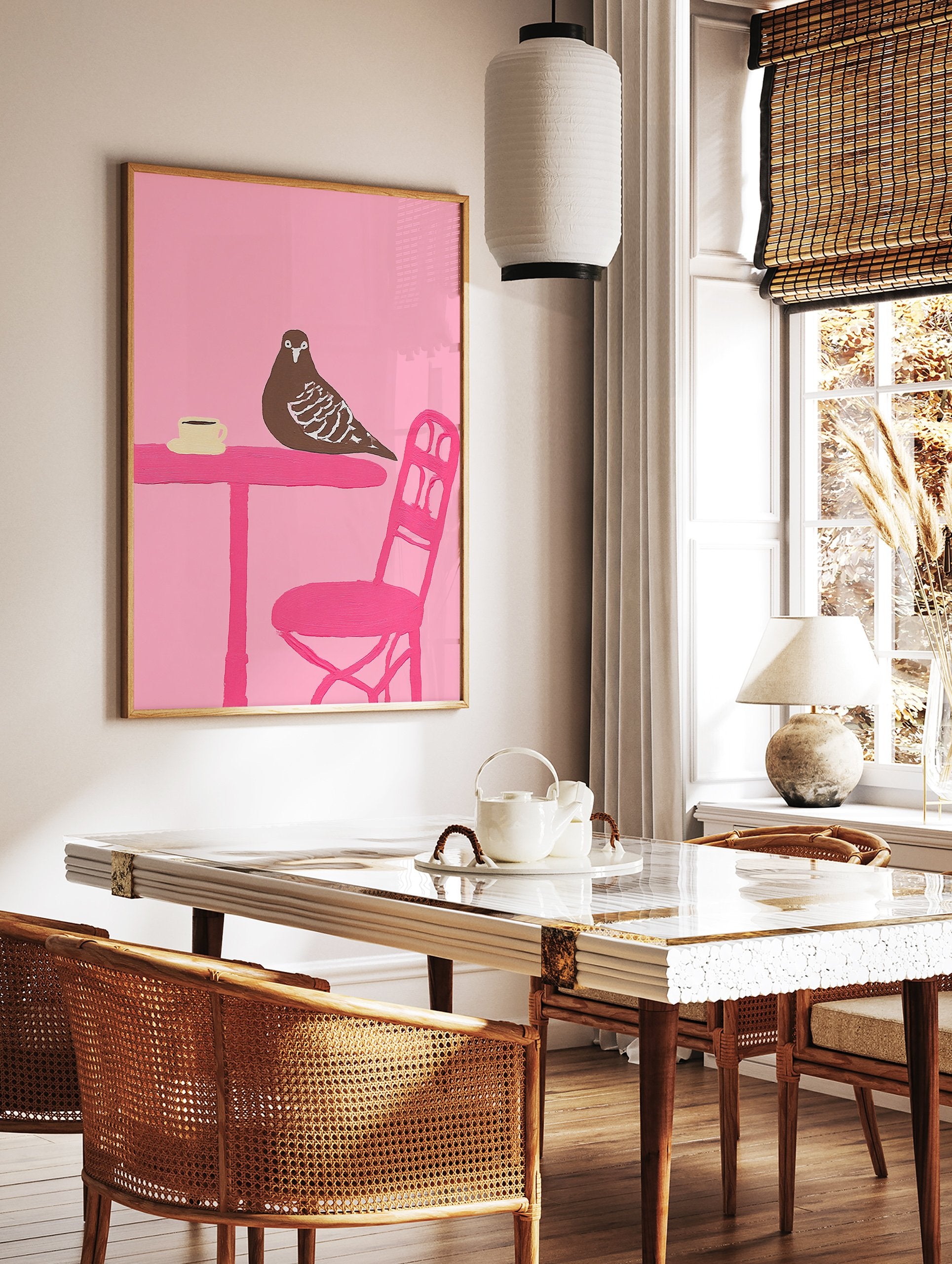 Illustration of a brown pigeon on a pink table with a coffee cup, set against a solid pink background. - Image 2