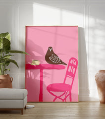 Illustration of a brown pigeon on a pink table with a coffee cup, set against a solid pink background. - Image 3