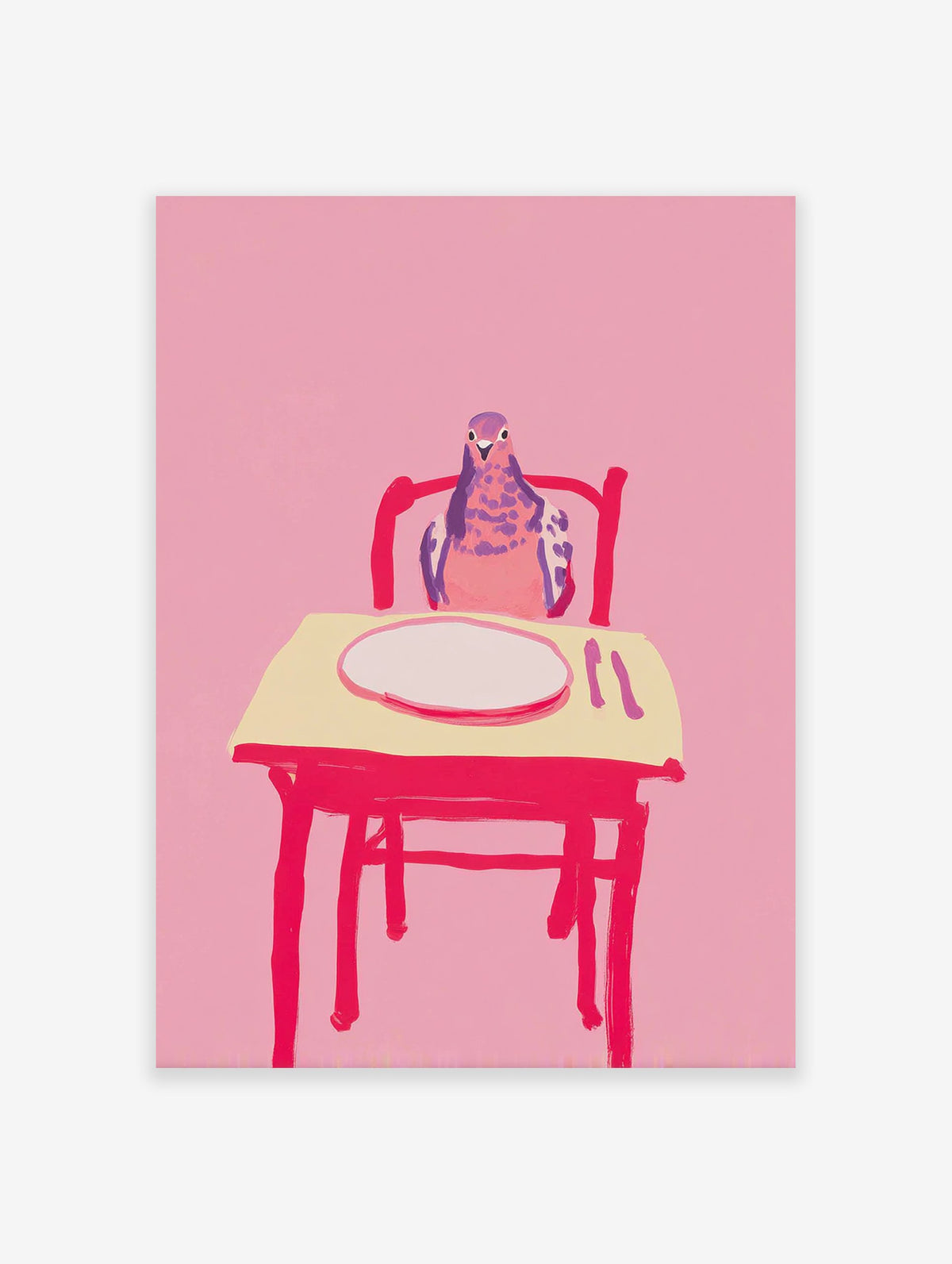 Illustrated art print featuring a pink and purple pigeon sitting at a table with a white plate on a vibrant pink background.