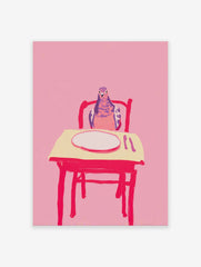 Illustrated art print featuring a pink and purple pigeon sitting at a table with a white plate on a vibrant pink background.