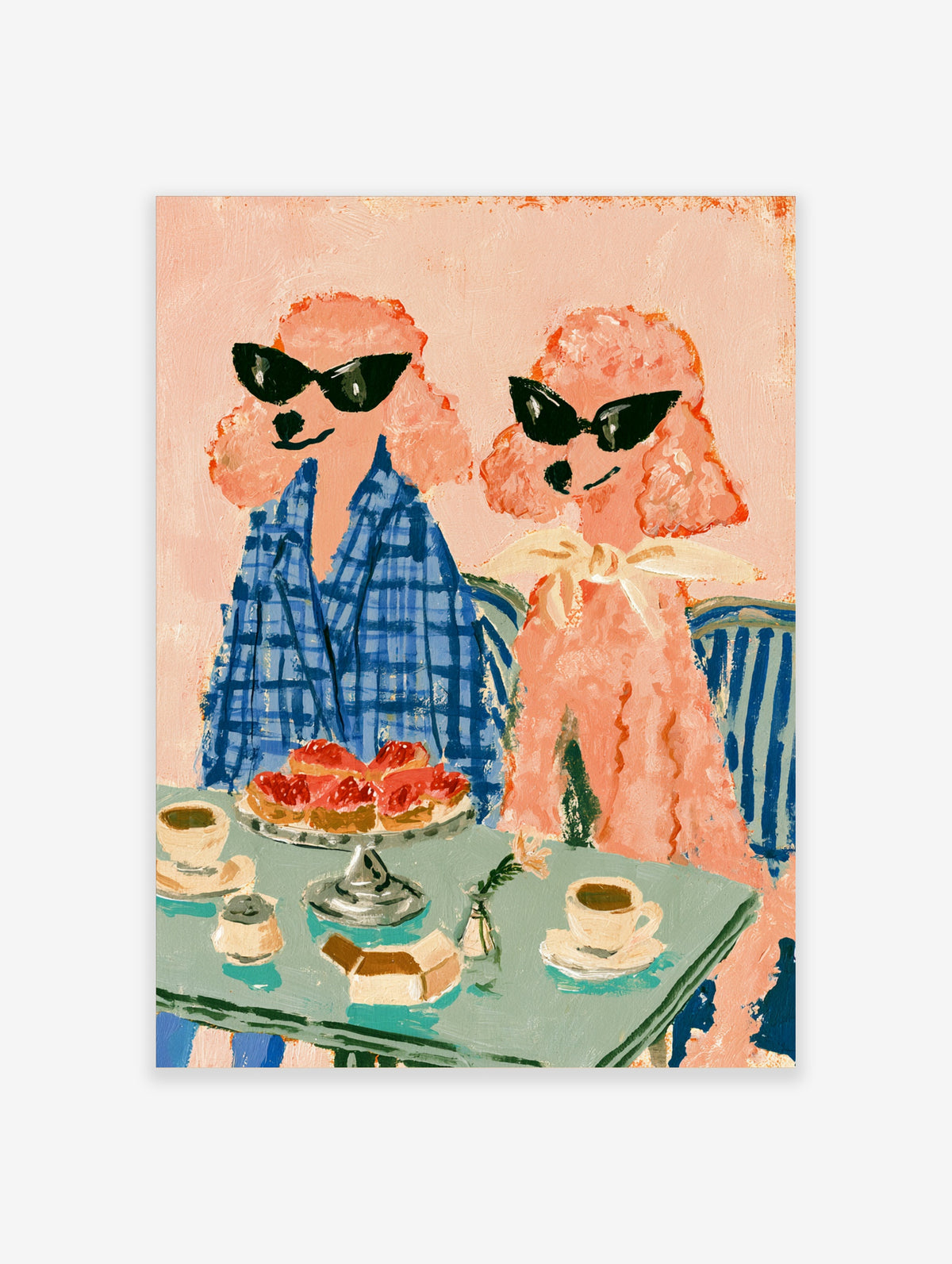 Pink poodle coffee poster with two dogs in sunglasses at a cafe table with pastries and coffee