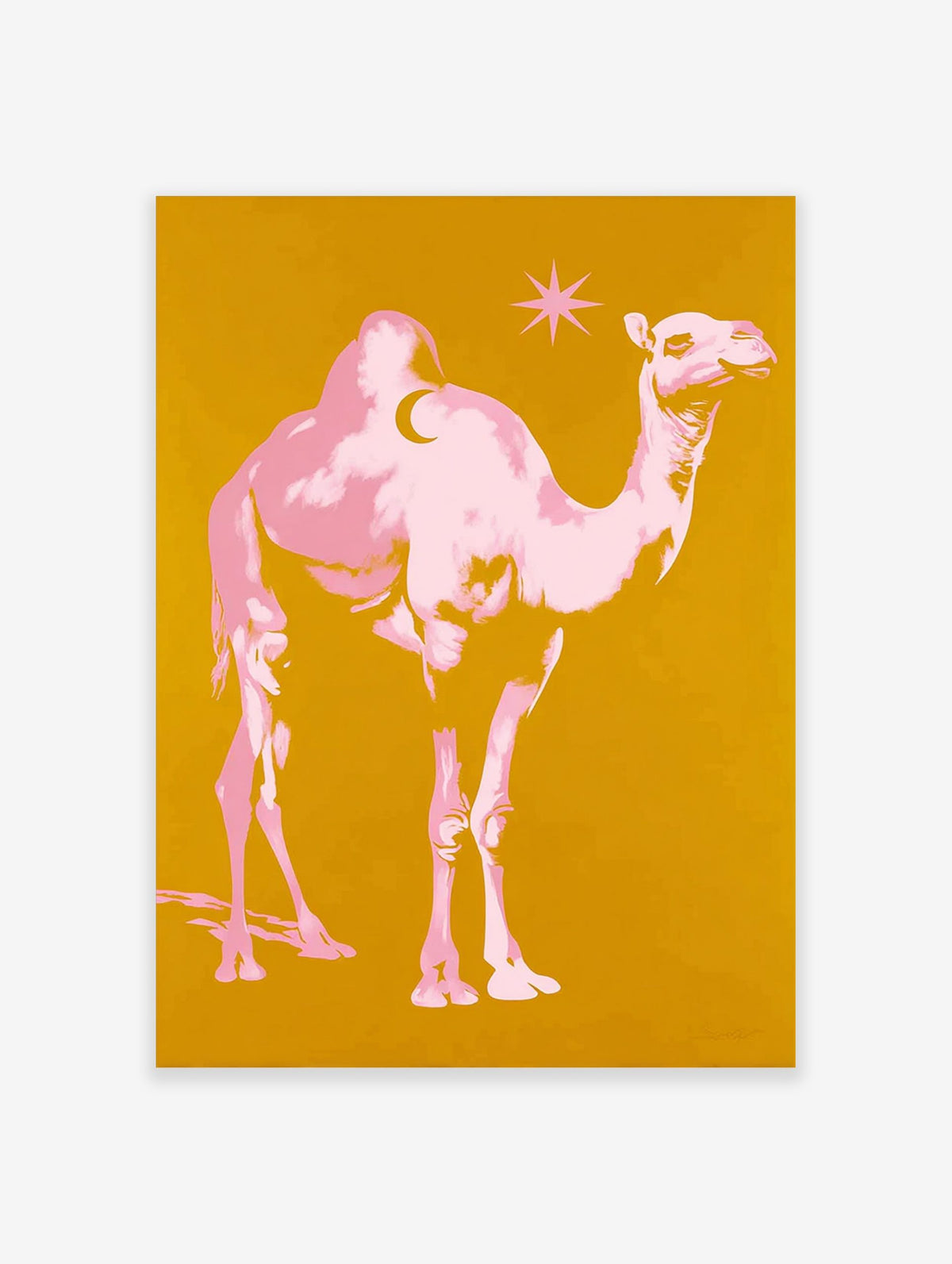 Pink pop art camel with crescent moon on hump and star on golden yellow background