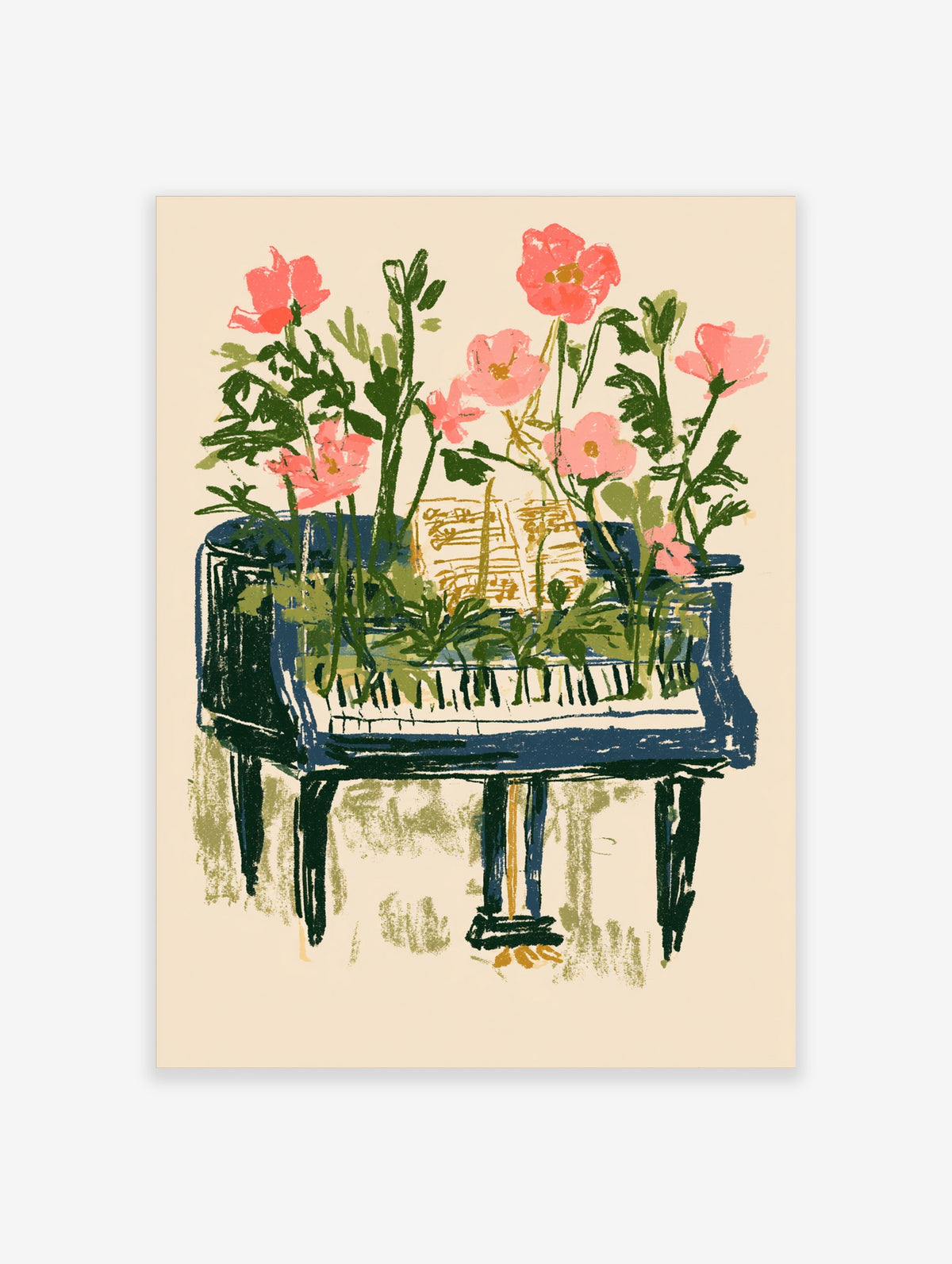 Pink poppies and sheet music on a blue piano, floral music poster illustration