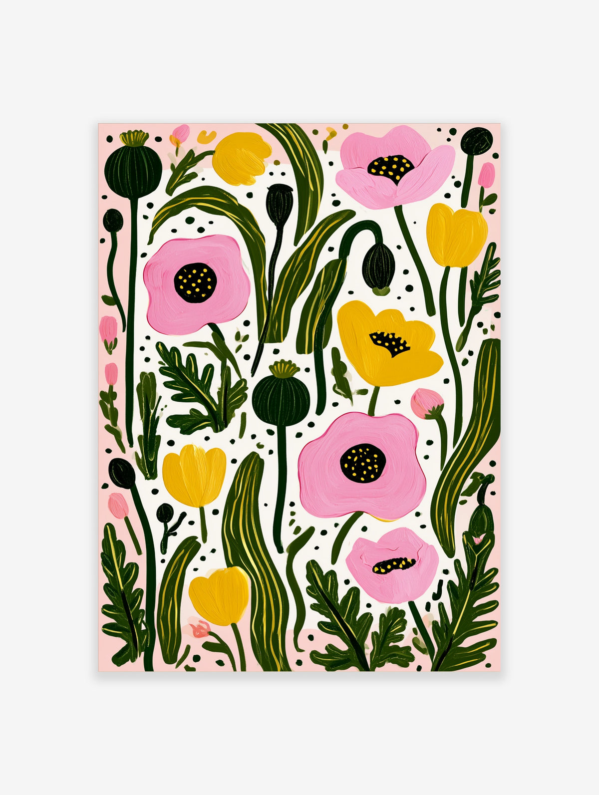Pink poppy and yellow floral art print with dark seed pods and green leaves on pale pink background