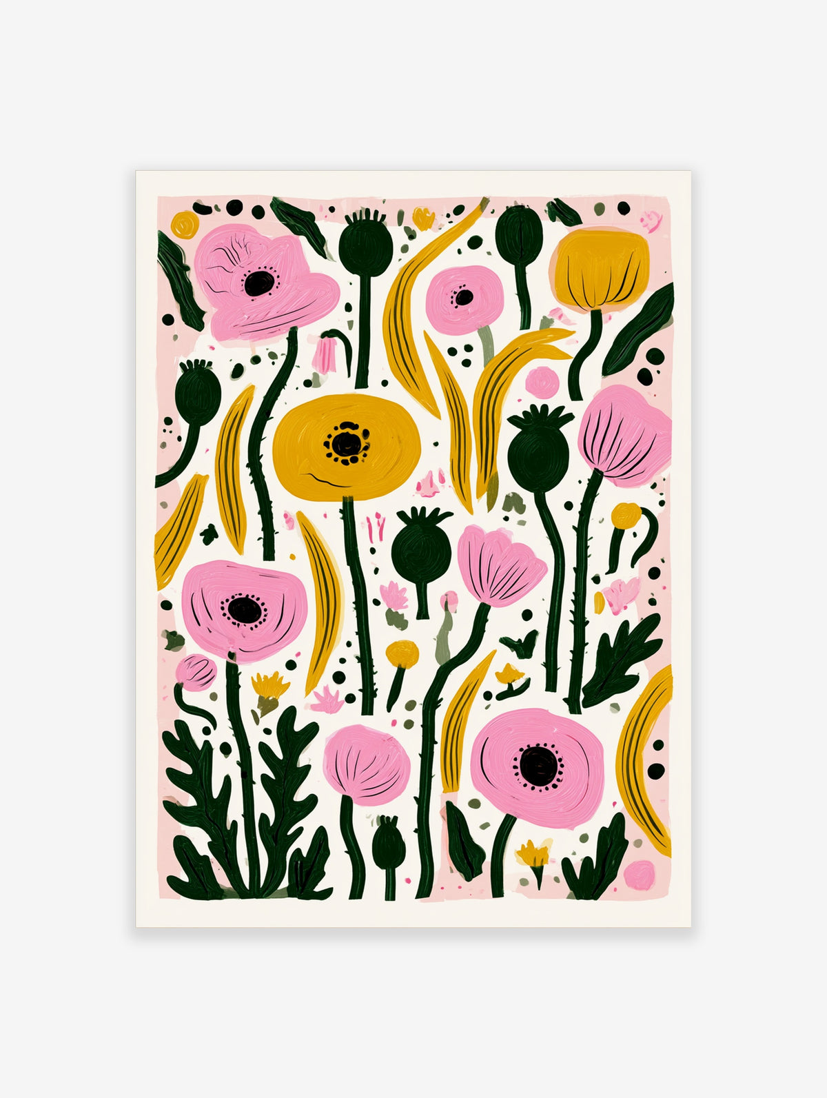 Pink and yellow poppy flower poster with dark green stems on pale pink background