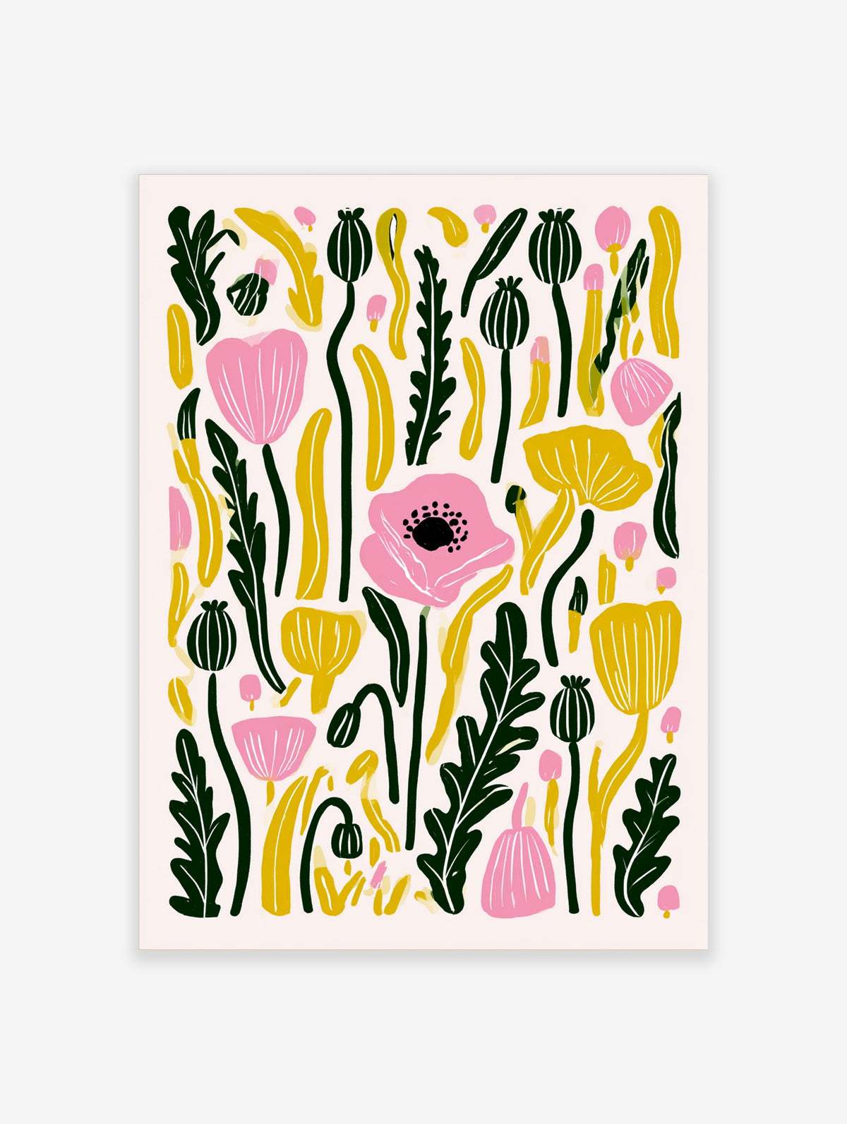 Pink poppy flower poster with yellow buds and dark green leaves on a pale background