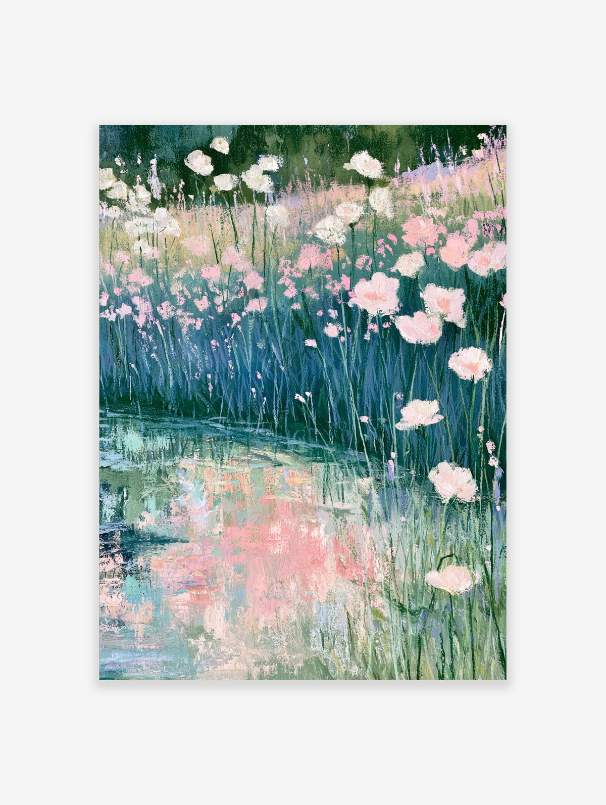Pink poppy flower poster with impressionist water reflections and tall green stems