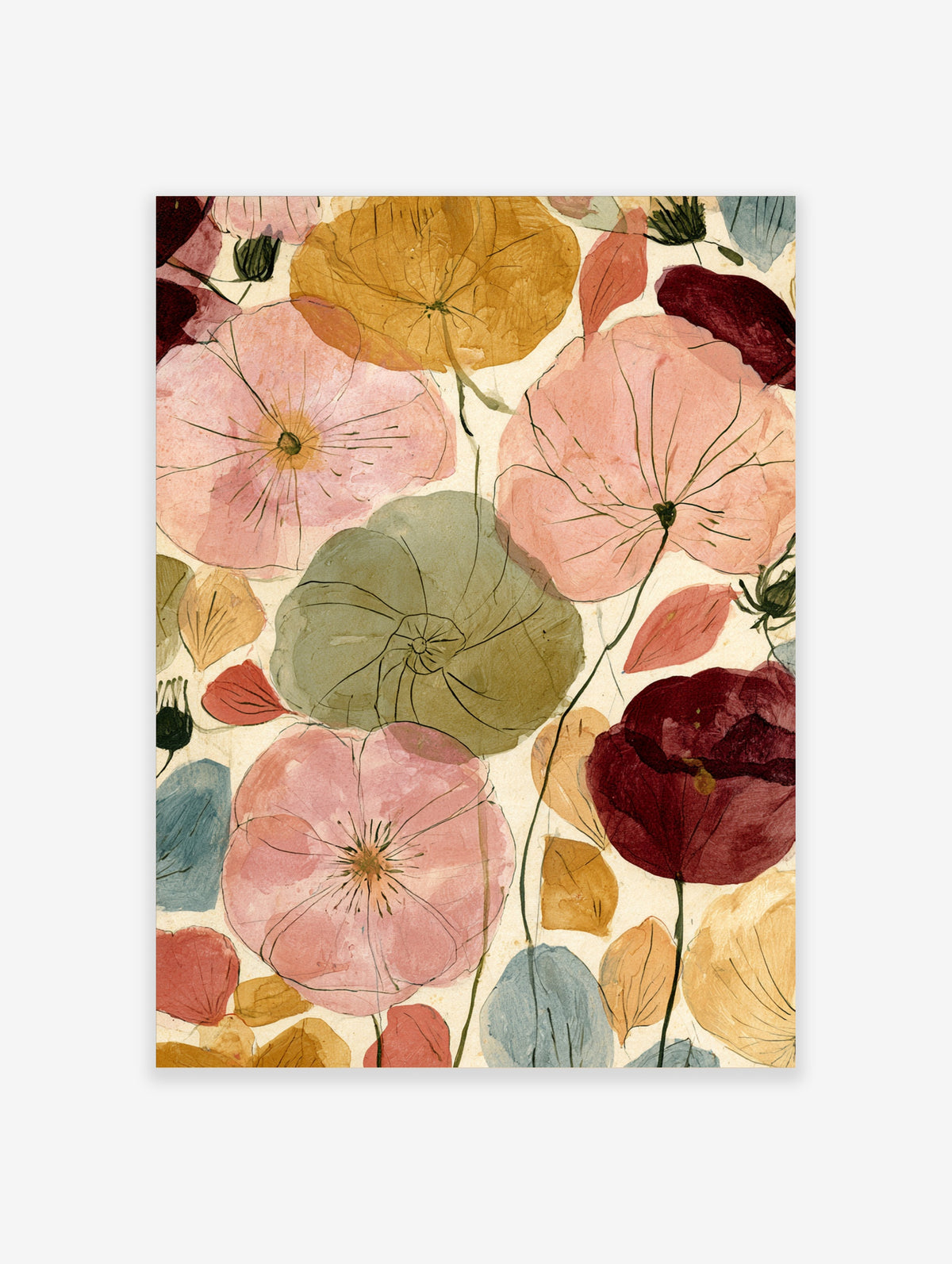 Watercolour poppy flower art print with pink, yellow, and green blooms on cream background
