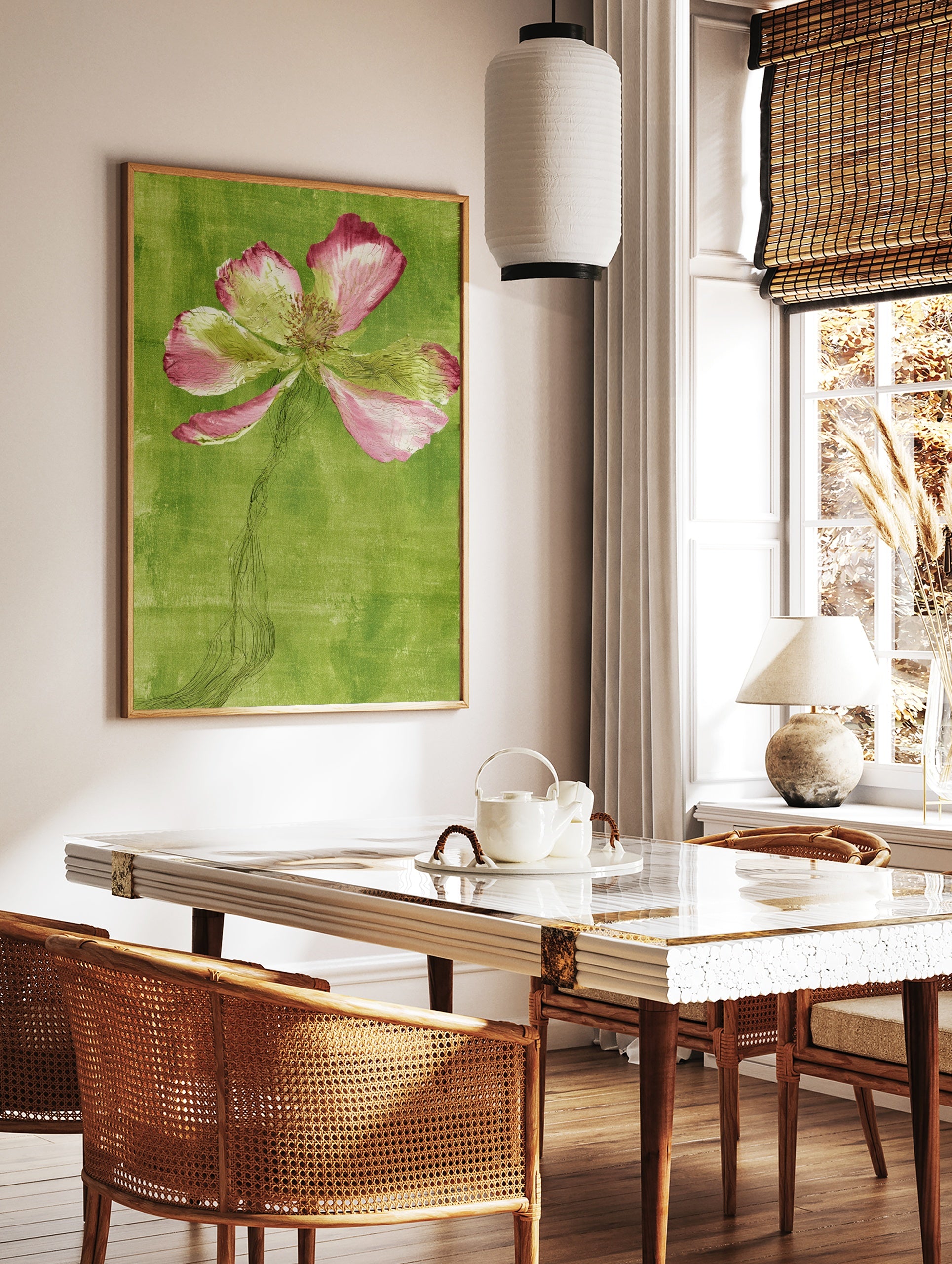 Stylized pink poppy flower illustration with an etched stem against a textured green background, in a styled room mockup