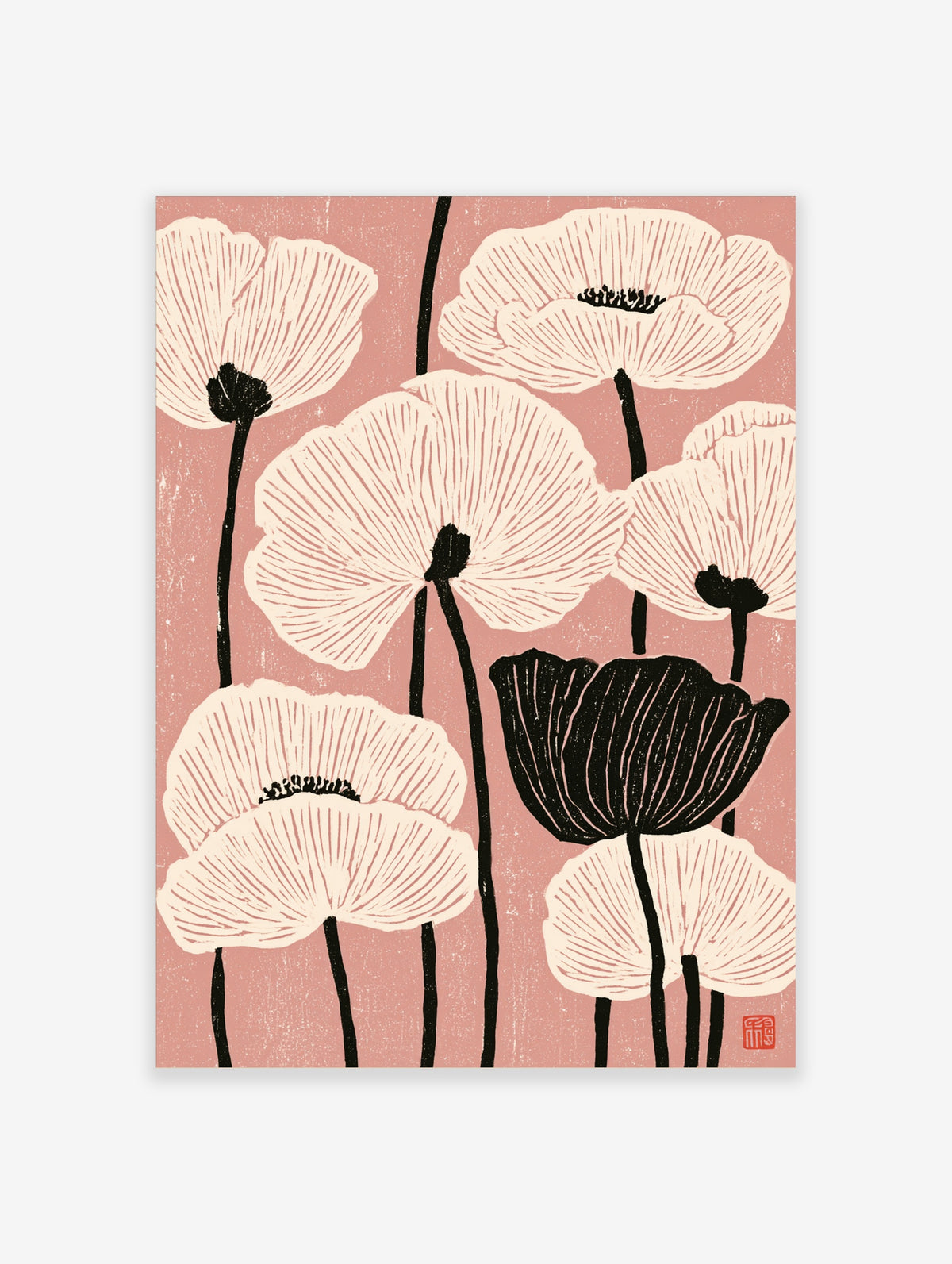 Pink poppy wall art print with cream flowers, black stems, and one dark bloom on a dusty rose background