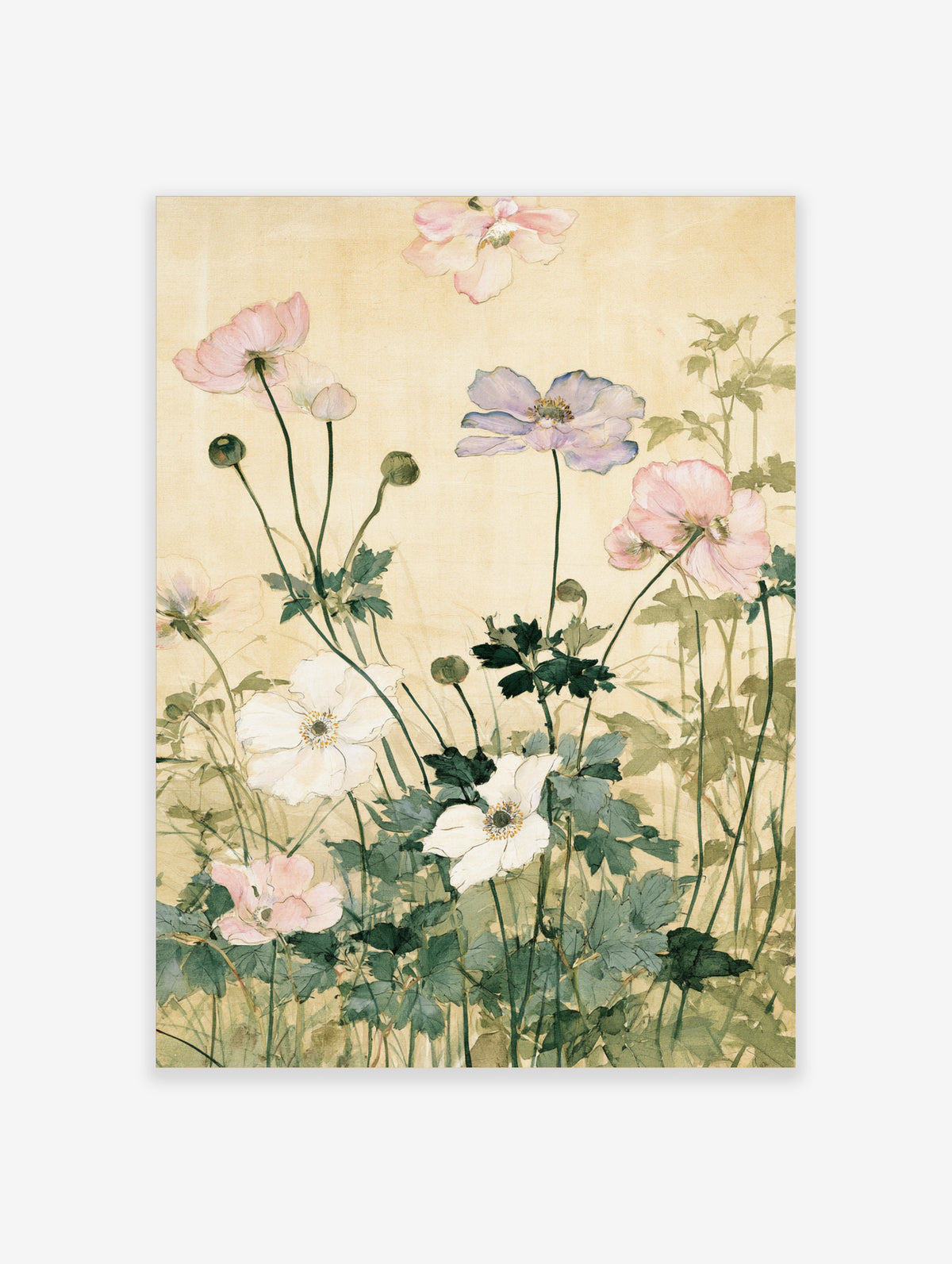 Pink poppy flower botanical watercolour art print with green leaves on cream background