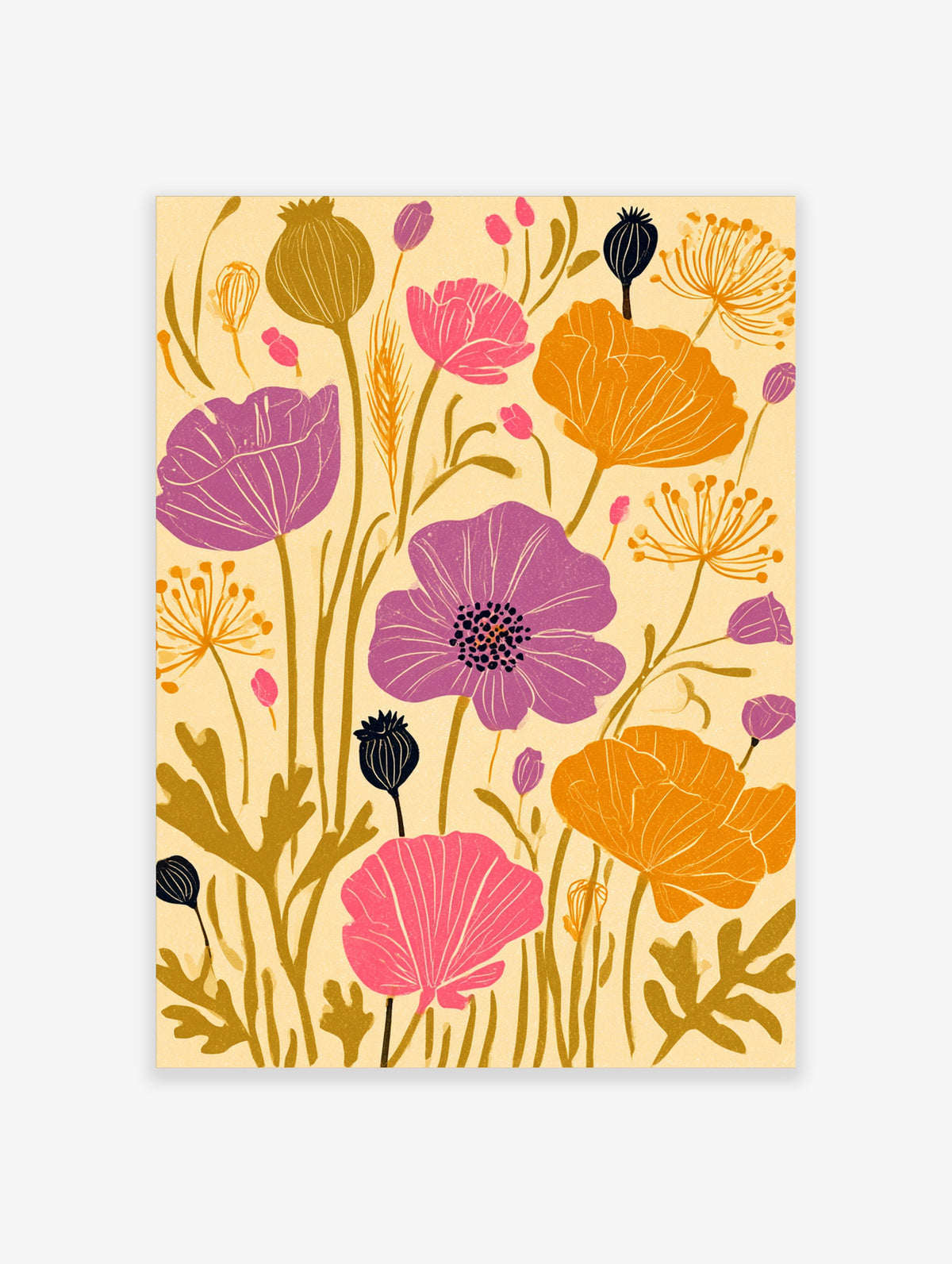Pink poppy flower art print with purple, orange and olive botanical illustration on cream background