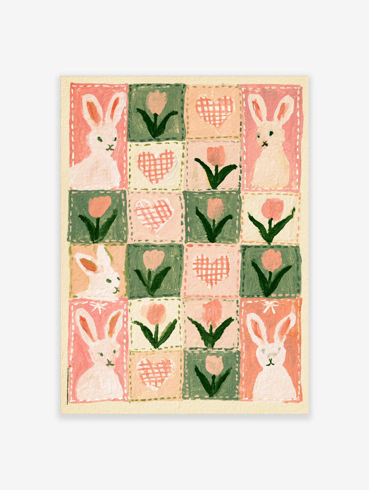 Pink rabbit and tulip poster with checkerboard grid of white rabbits, pink flowers, and gingham hearts on cream background