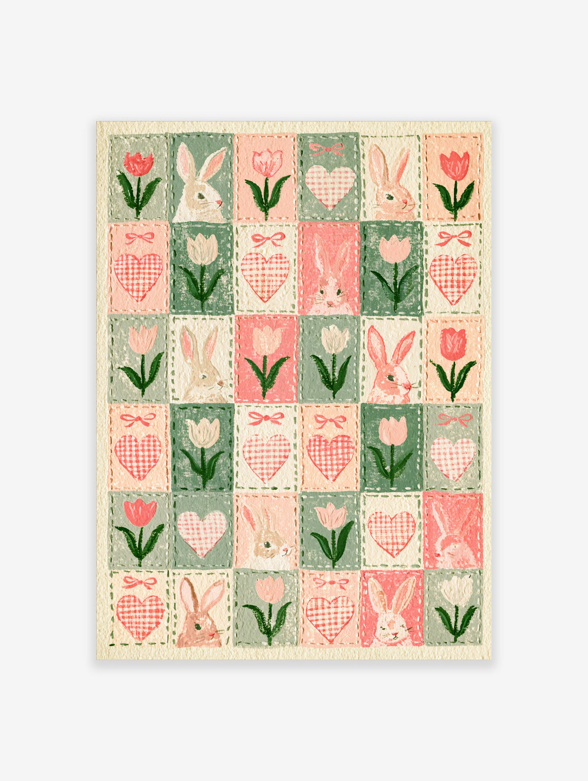 Pink rabbit and tulip poster with patchwork grid of gingham hearts and flowers