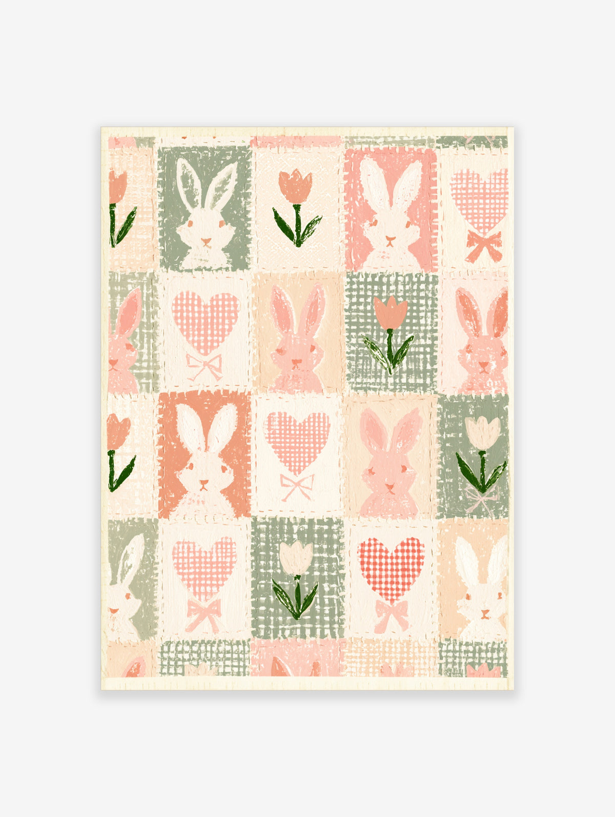 Pink rabbit and tulip patchwork art print with gingham hearts on cream background