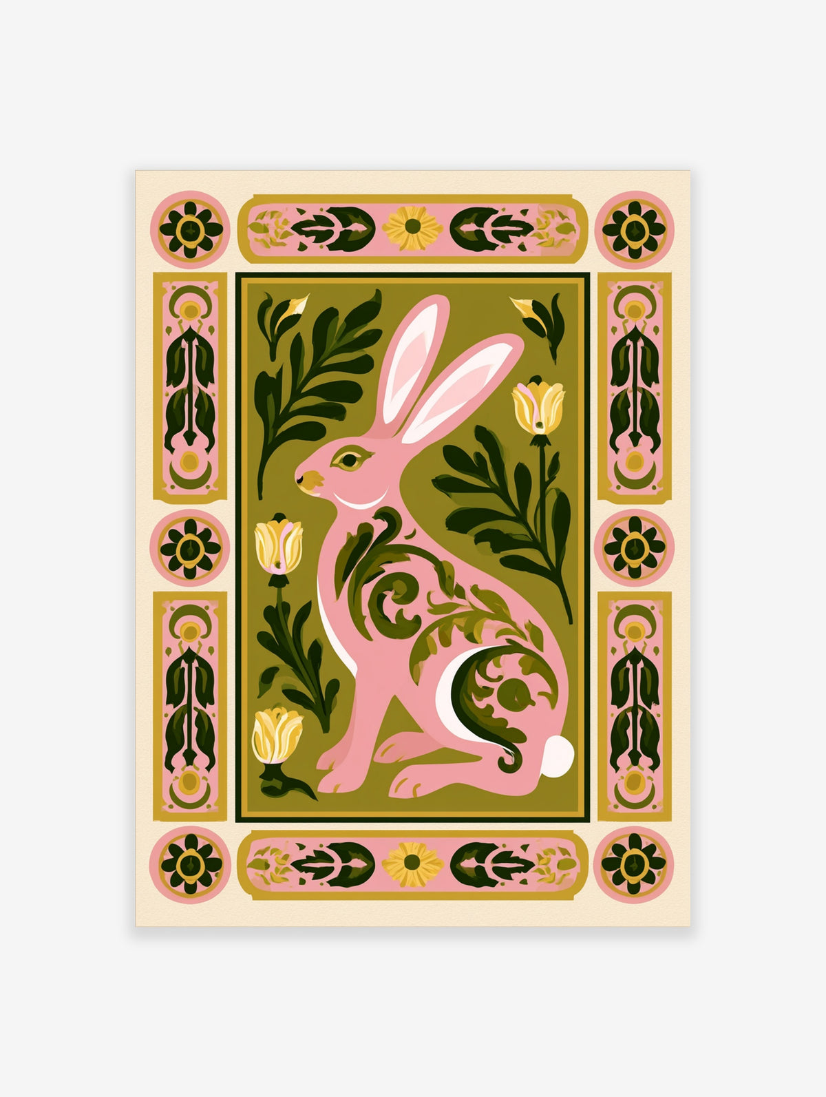 Pink rabbit surrounded by green leaves and yellow tulips in an ornate floral border art print