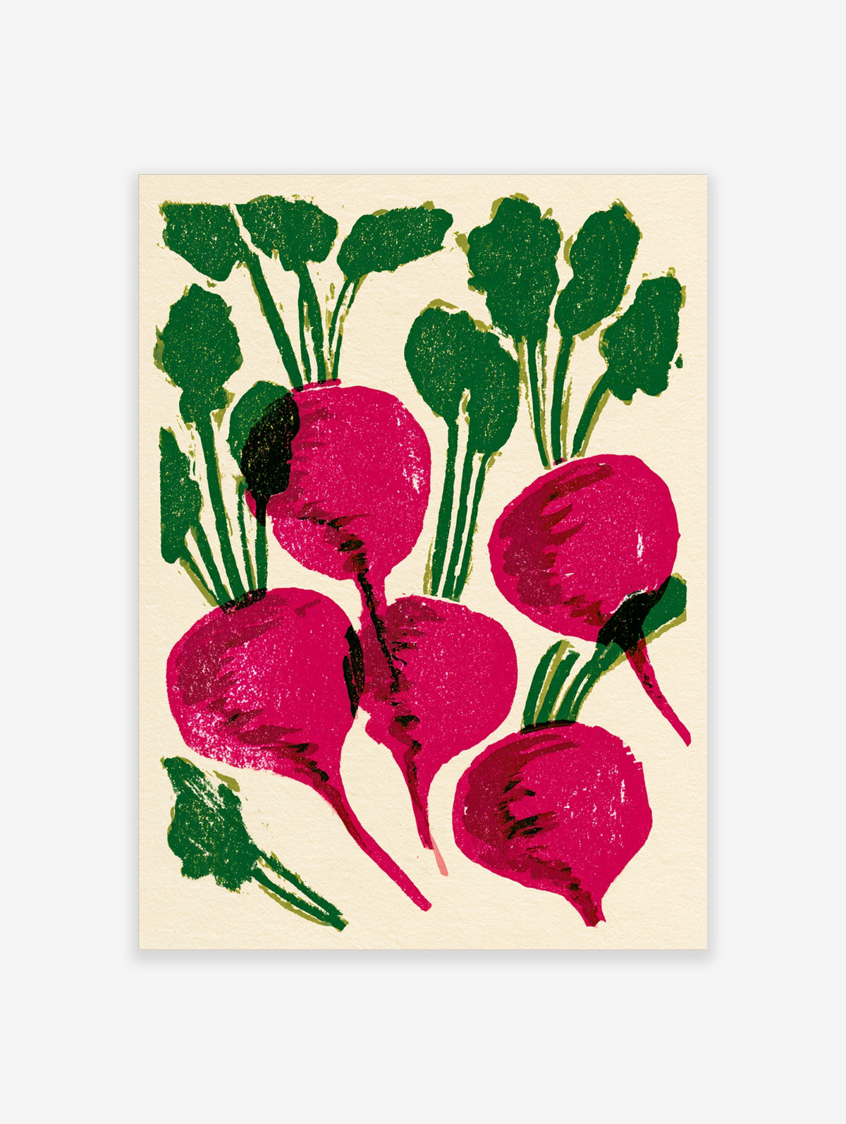 Pink radish poster with three root vegetables and green leaves on a cream background