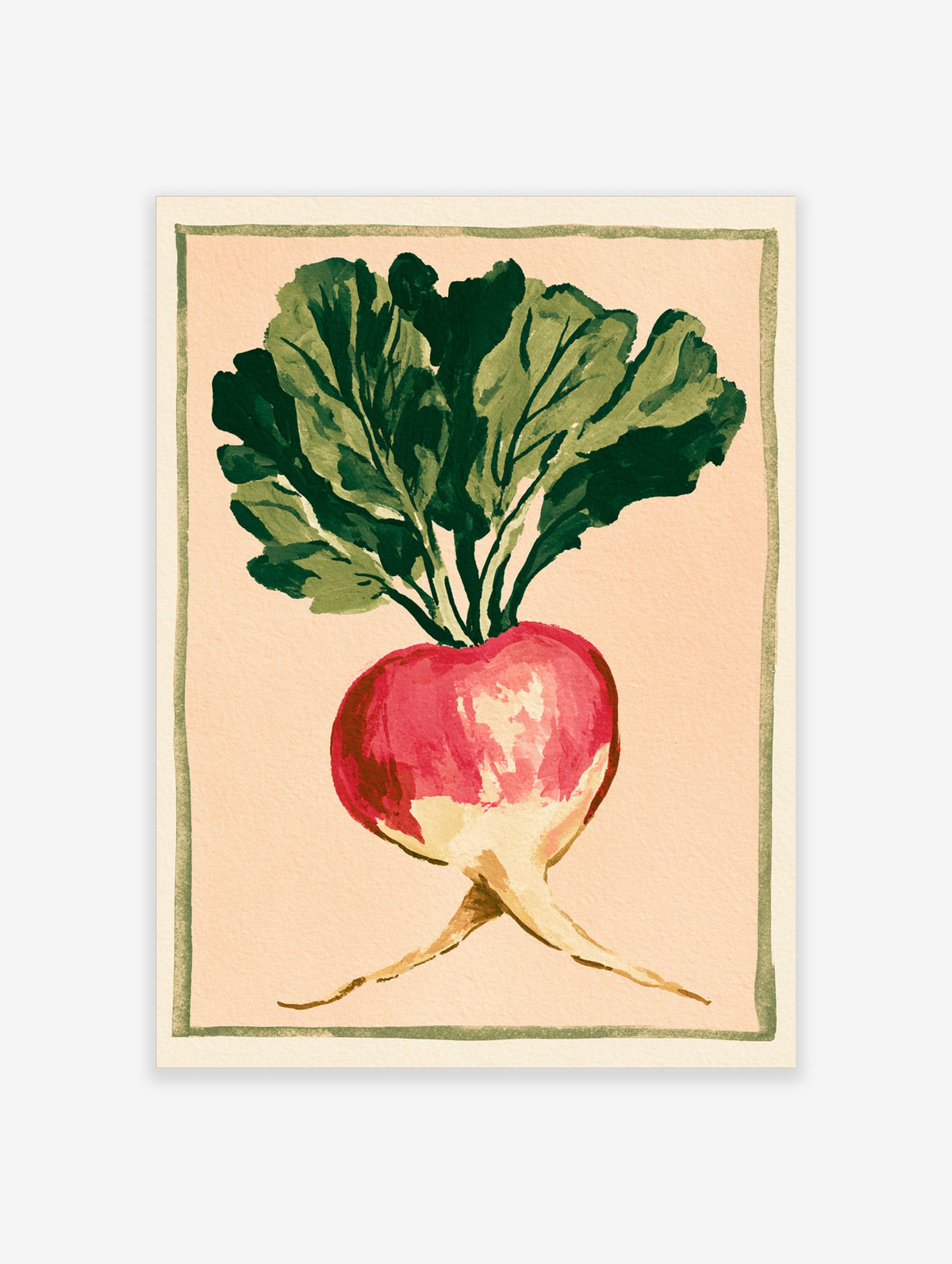 Pink radish poster with green leafy top and cream root on peach background