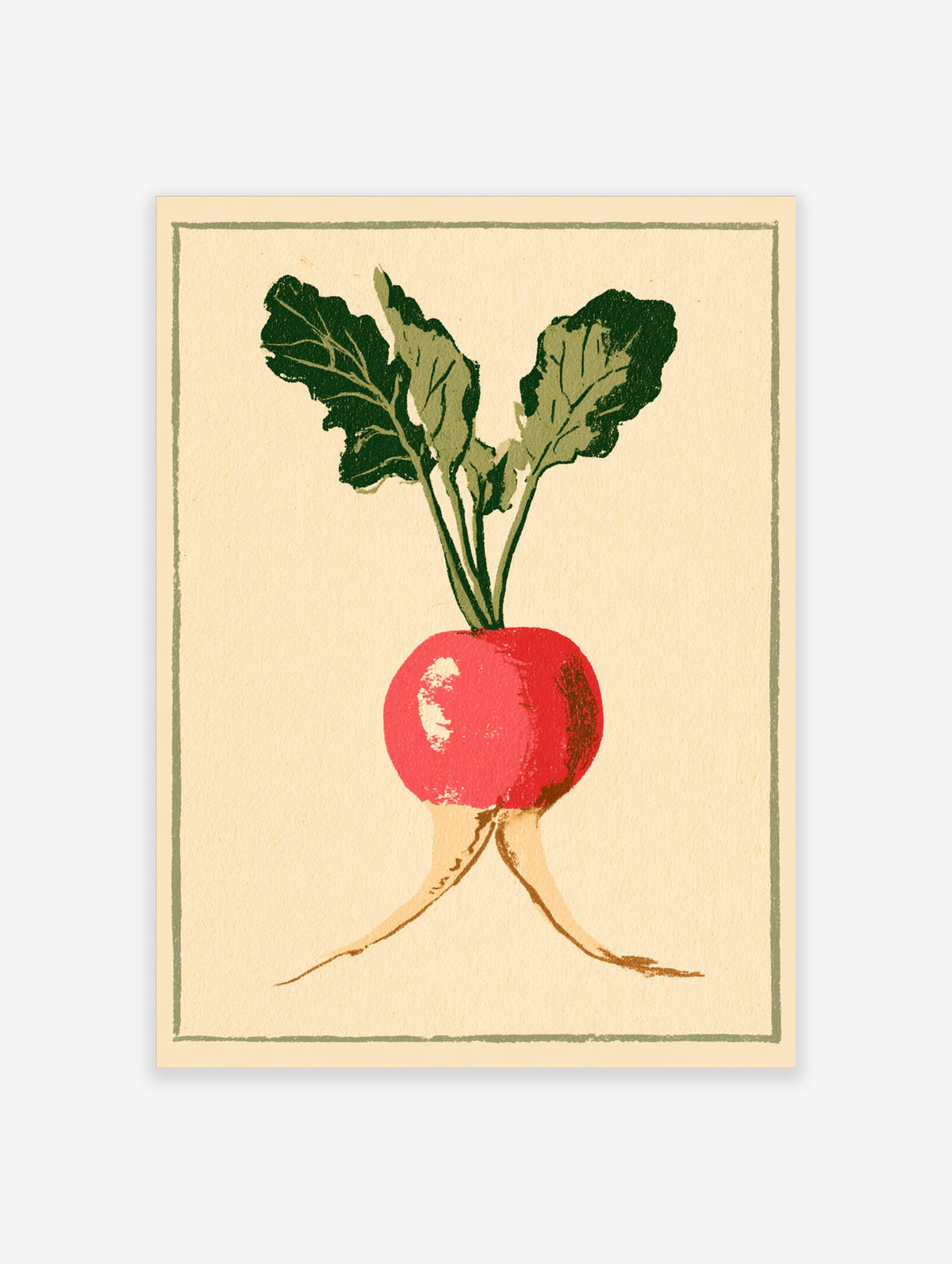 Pink radish vegetable art print with green leaves and cream roots on beige background