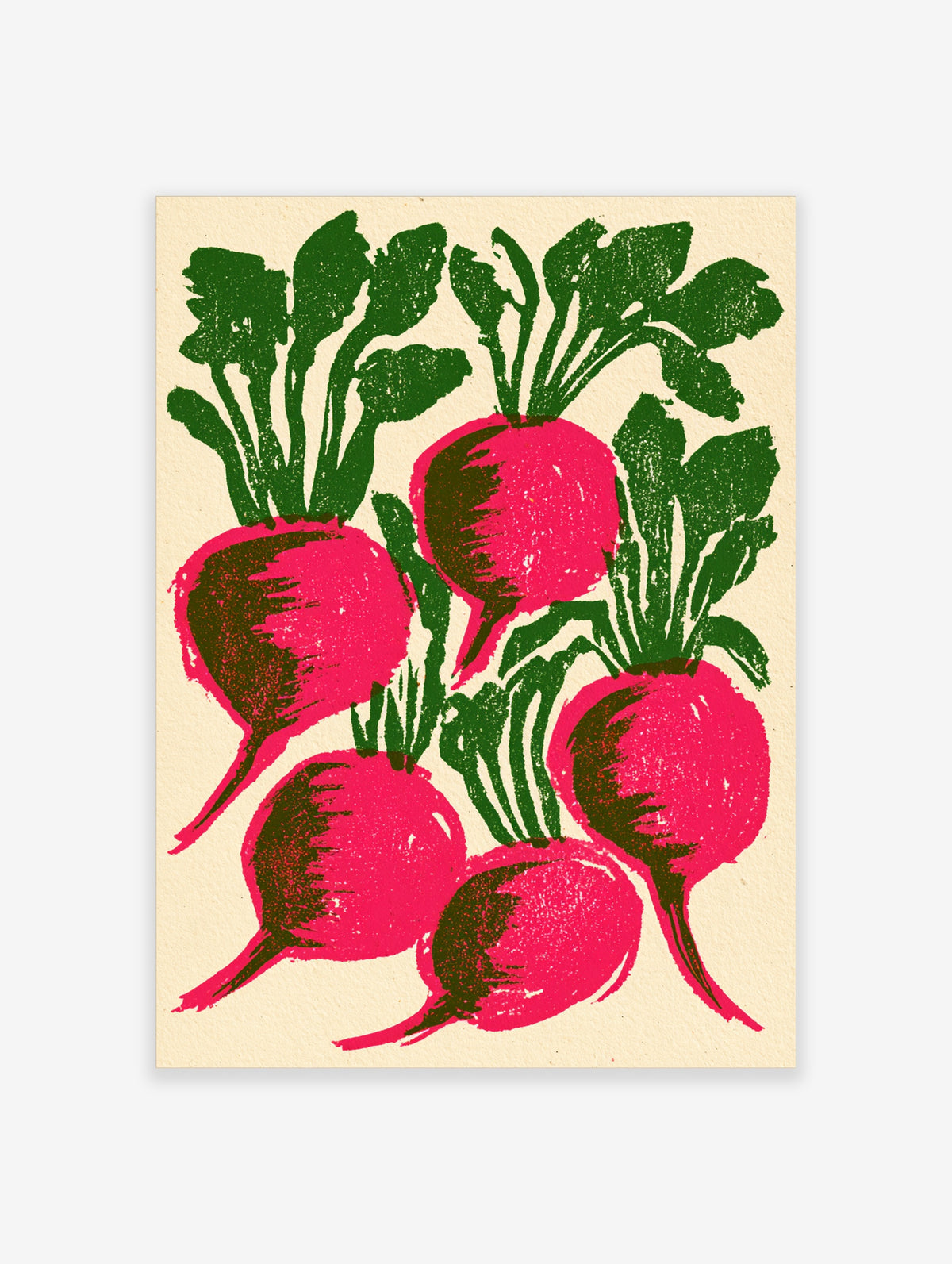 Pink radish vegetable art print with green leaves on a cream background, vertical botanical illustration
