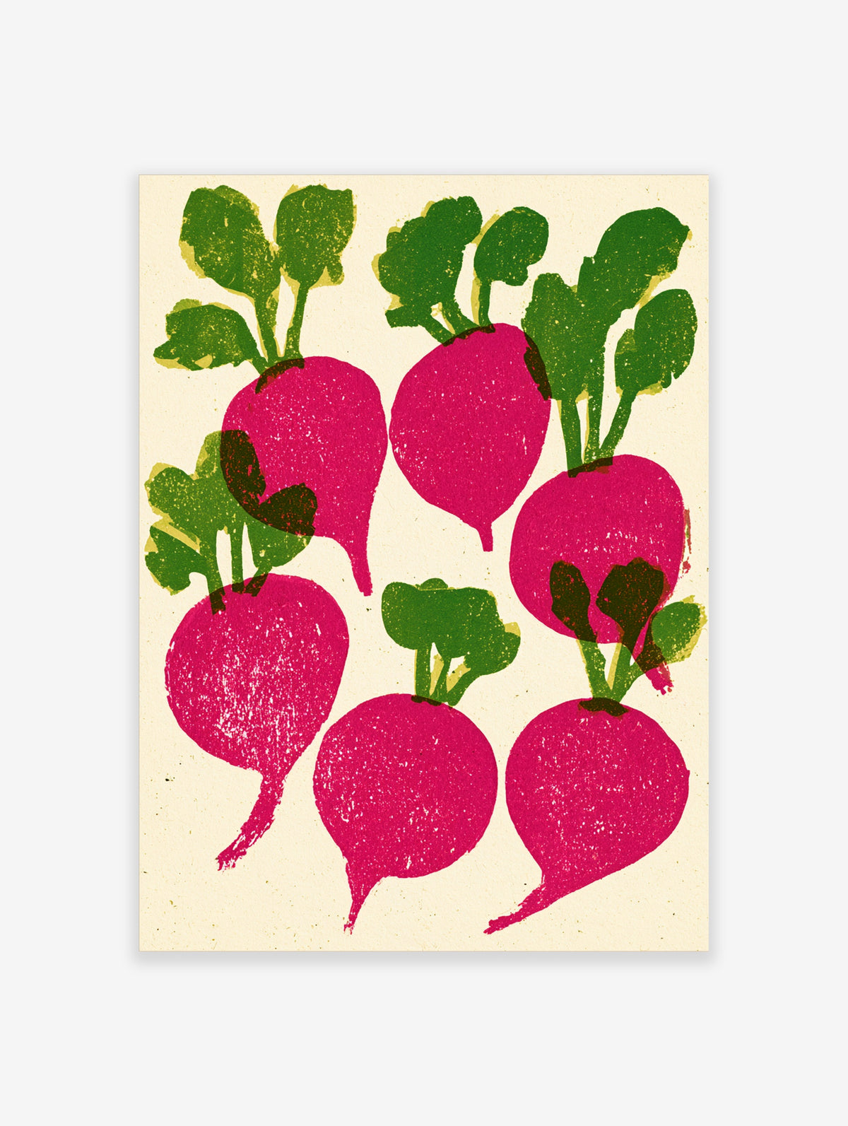 Pink radish art print with five root vegetables and green leaves on cream background